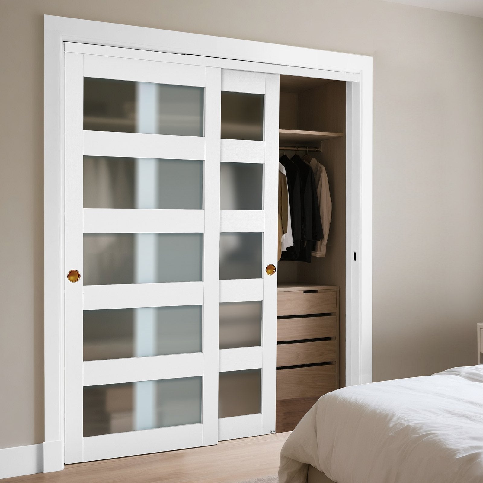 60" x 80" Frosted Glass Bypass Sliding Closet Doors with Hardware Kit, Water-Proof PVC, Solid Wood, Quiet Glide, Ideal for Bedrooms