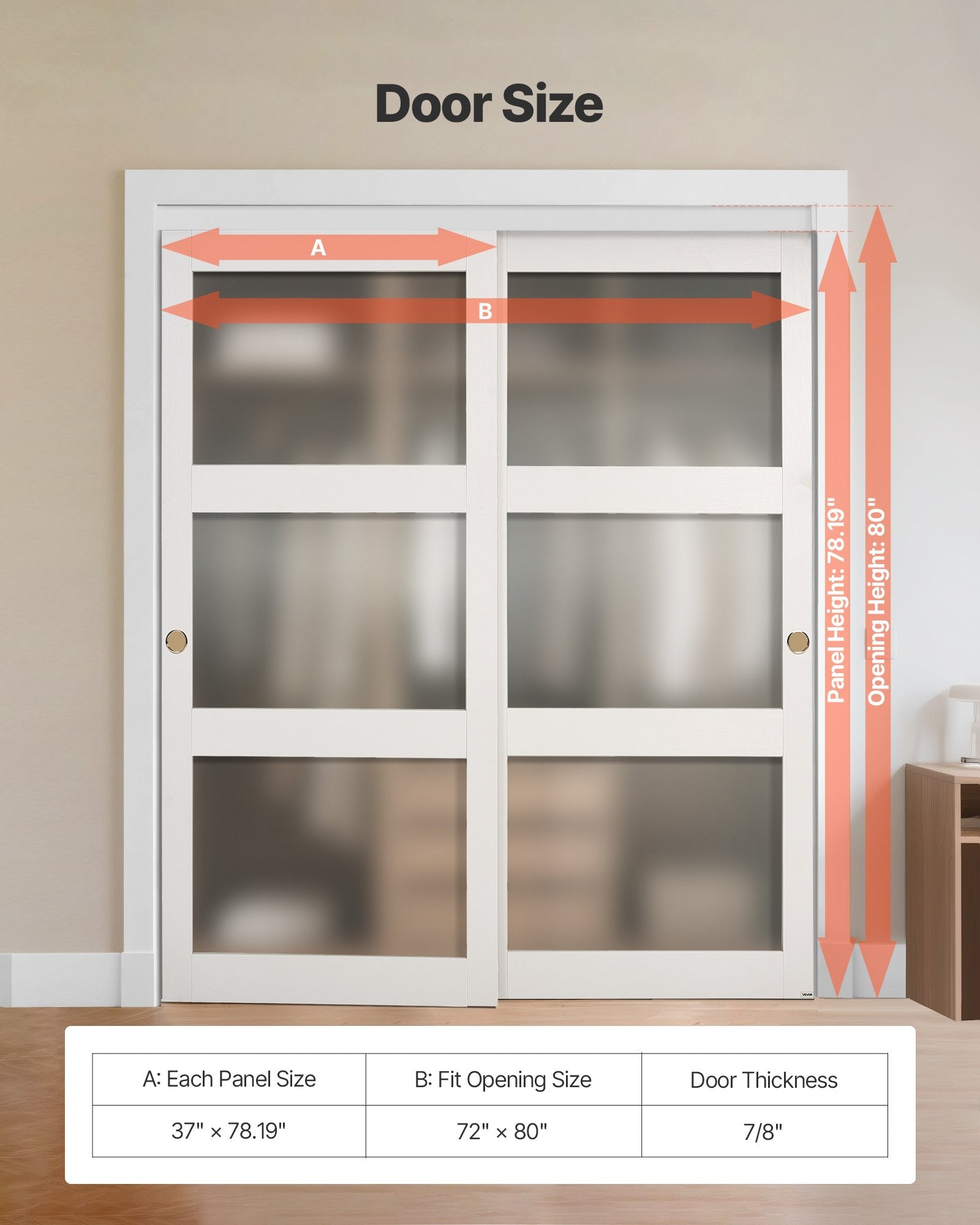 72"x80" 3-Lite Frosted Glass Sliding Closet Doors with Hardware & Floor Guide, Solid Wood & MDF, Waterproof PVC Surface for Bedroom Elegance