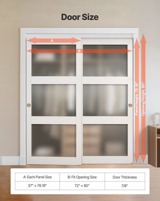 72"x80" 3-Lite Frosted Glass Sliding Closet Doors with Hardware & Floor Guide, Solid Wood & MDF, Waterproof PVC Surface for Bedroom Elegance