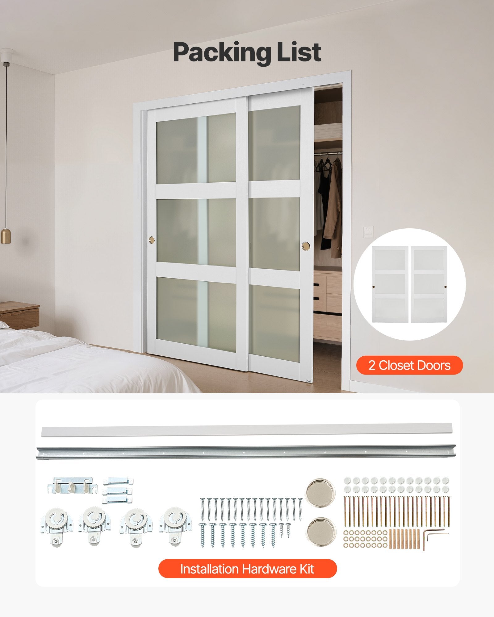 72"x80" 3-Lite Frosted Glass Sliding Closet Doors with Hardware & Floor Guide, Solid Wood & MDF, Waterproof PVC Surface for Bedroom Elegance