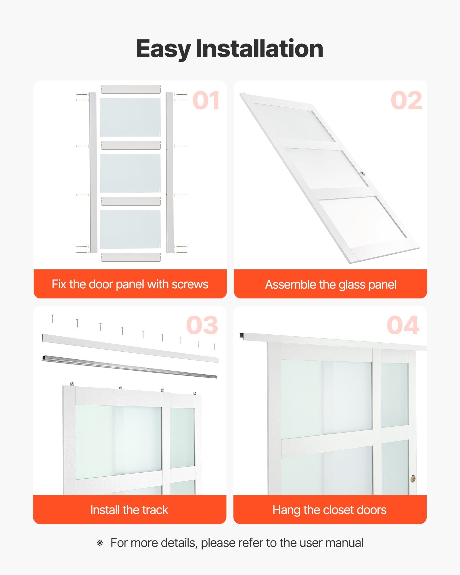 72"x80" 3-Lite Frosted Glass Sliding Closet Doors with Hardware & Floor Guide, Solid Wood & MDF, Waterproof PVC Surface for Bedroom Elegance