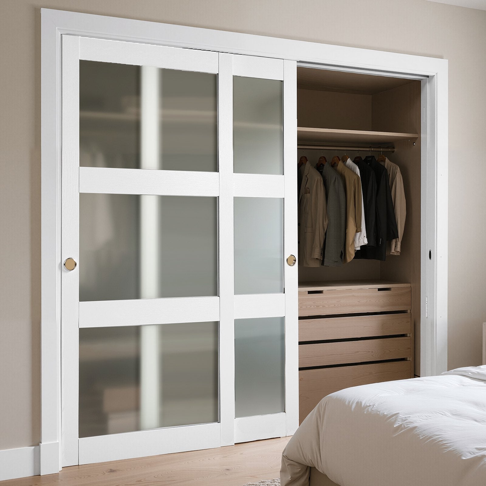 72"x80" 3-Lite Frosted Glass Sliding Closet Doors with Hardware & Floor Guide, Solid Wood & MDF, Waterproof PVC Surface for Bedroom Elegance