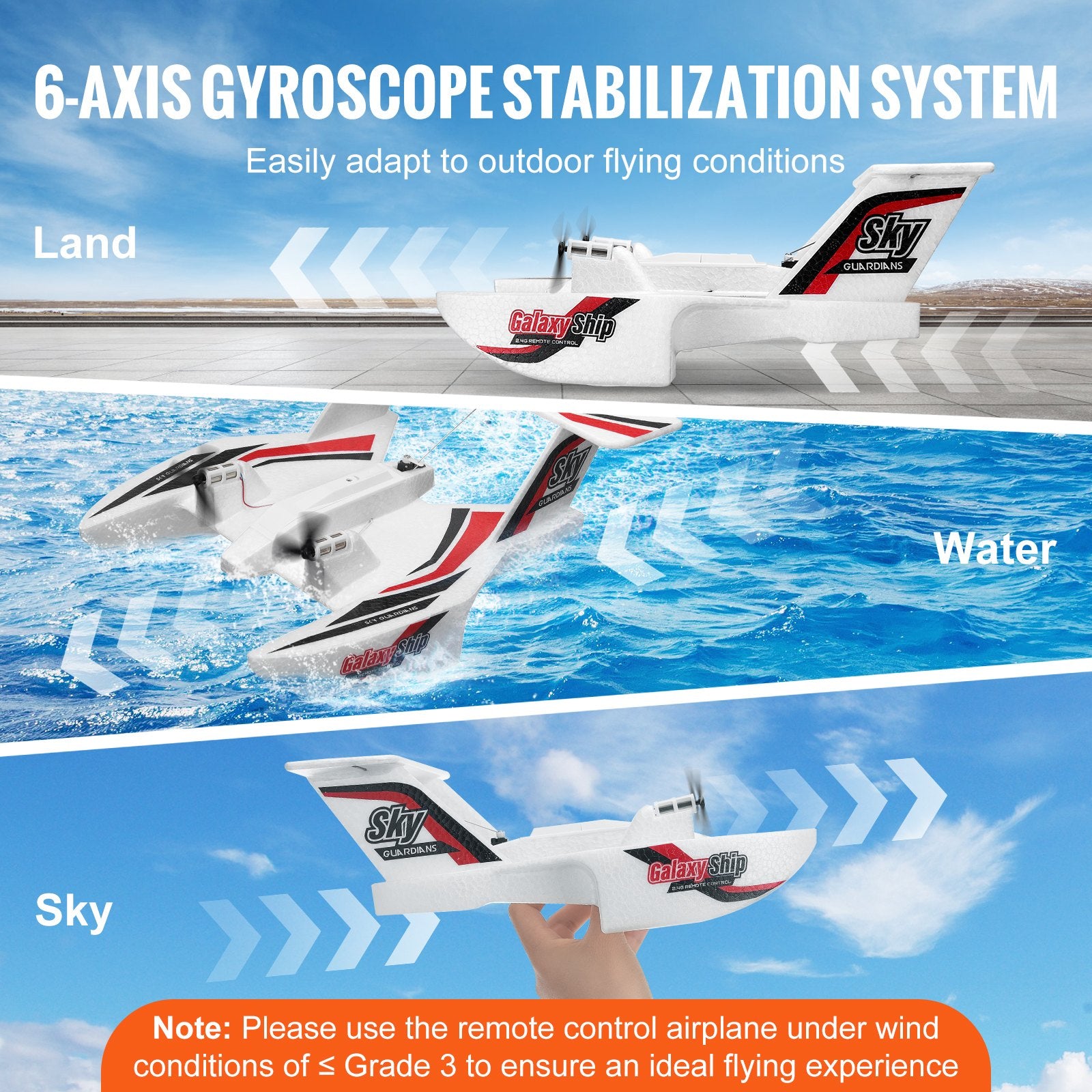 Amphibious RC Airplane with 6-Axis Gyro & 2.4GHz Control - Perfect for Beginners, Kids & Adults, Includes 2 Batteries, 3-Channel Glider Toy