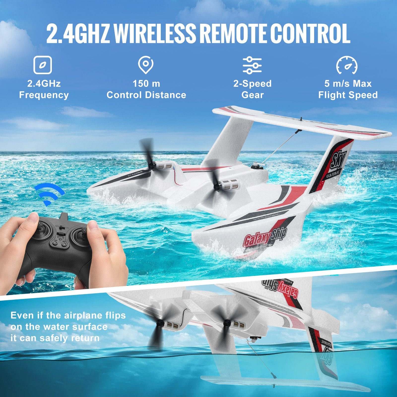 Amphibious RC Airplane with 6-Axis Gyro & 2.4GHz Control - Perfect for Beginners, Kids & Adults, Includes 2 Batteries, 3-Channel Glider Toy