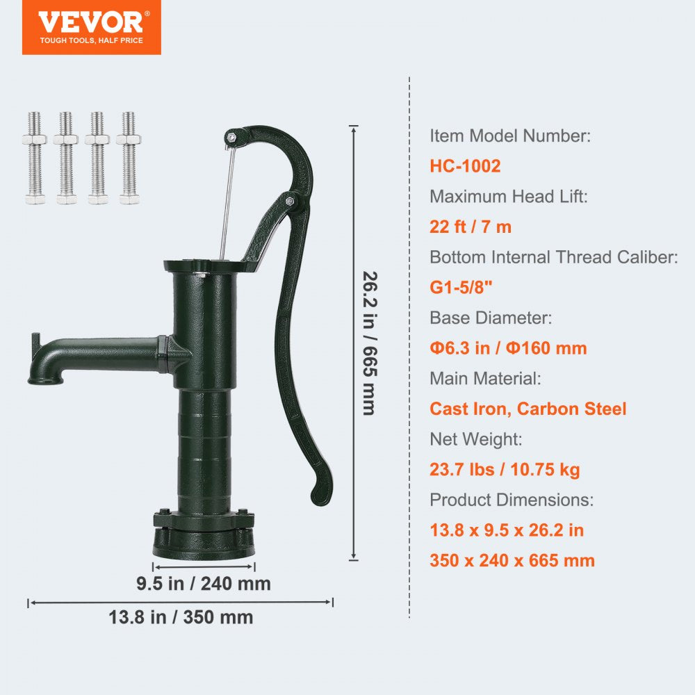 Vintage Cast Iron Manual Water Pump with Ergonomic Handle for Outdoor Use - 22 ft Lift Capacity, Easy Installation for Home, Garden, and Farm