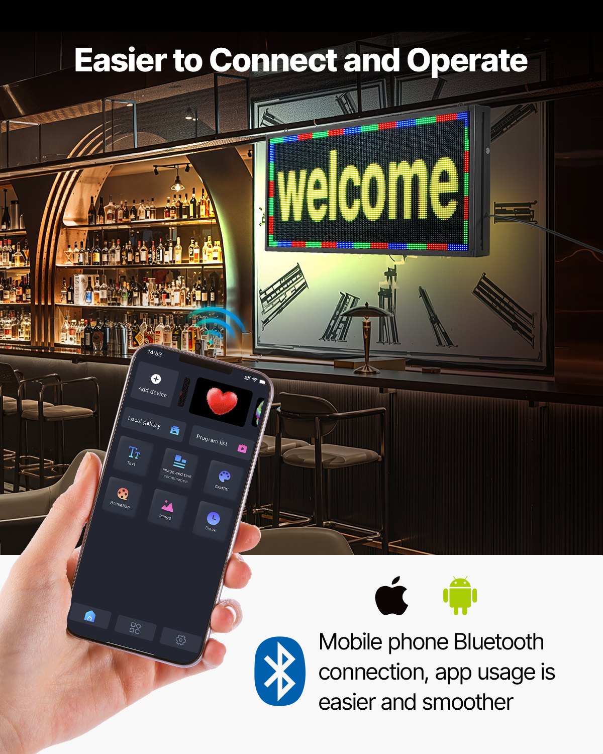 Customizable P5 LED Sign - Vibrant Full-Color Scrolling Display, Bluetooth Controlled Message Board for Indoor Advertising, 27x14 in