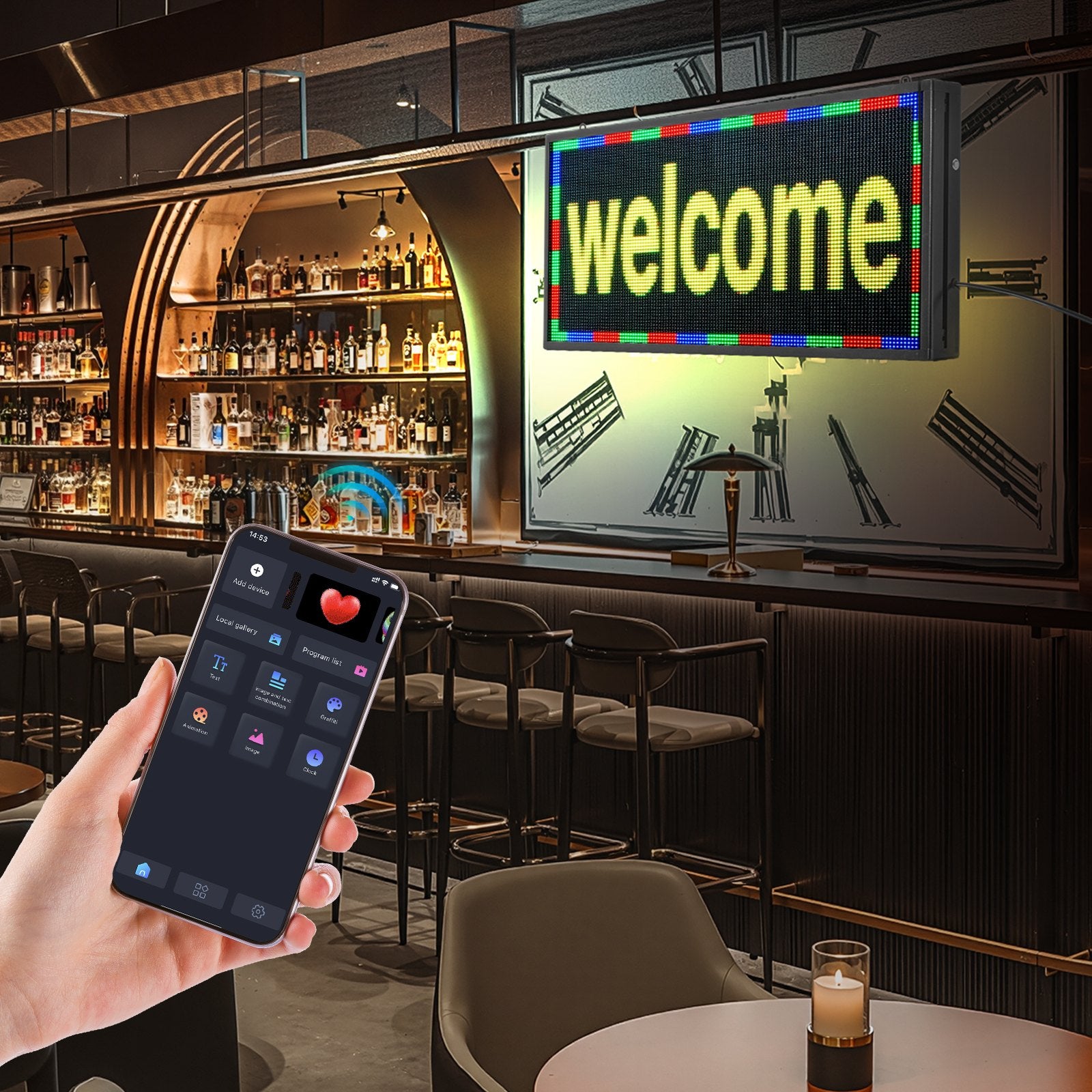 Customizable P5 LED Sign - Vibrant Full-Color Scrolling Display, Bluetooth Controlled Message Board for Indoor Advertising, 27x14 in