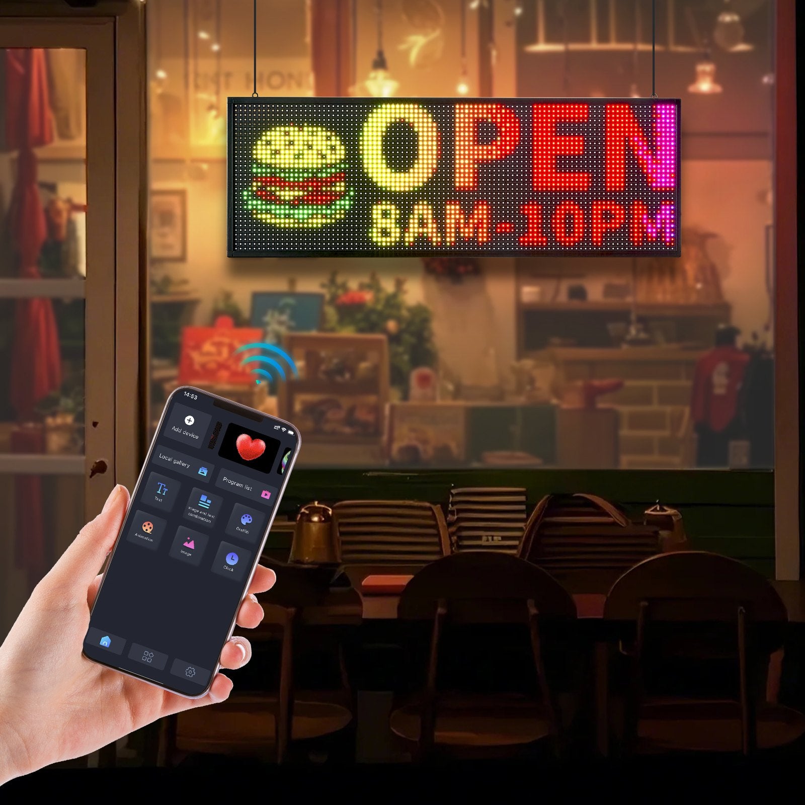 Customizable Full Color LED Display Board - Scrolling Text & GIF Sign, Bluetooth Control, Perfect for Business Advertising, 40x14 Inches
