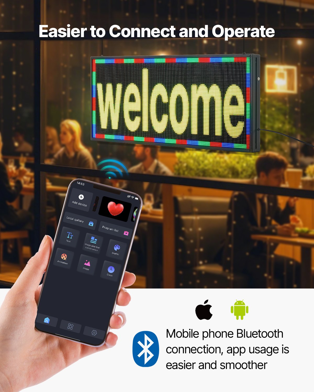 Customizable LED Display Board, 40x18 in, Flexible Scrolling Panel with Bluetooth App for Store Ads, DIY Text, GIFs, High Brightness Sign