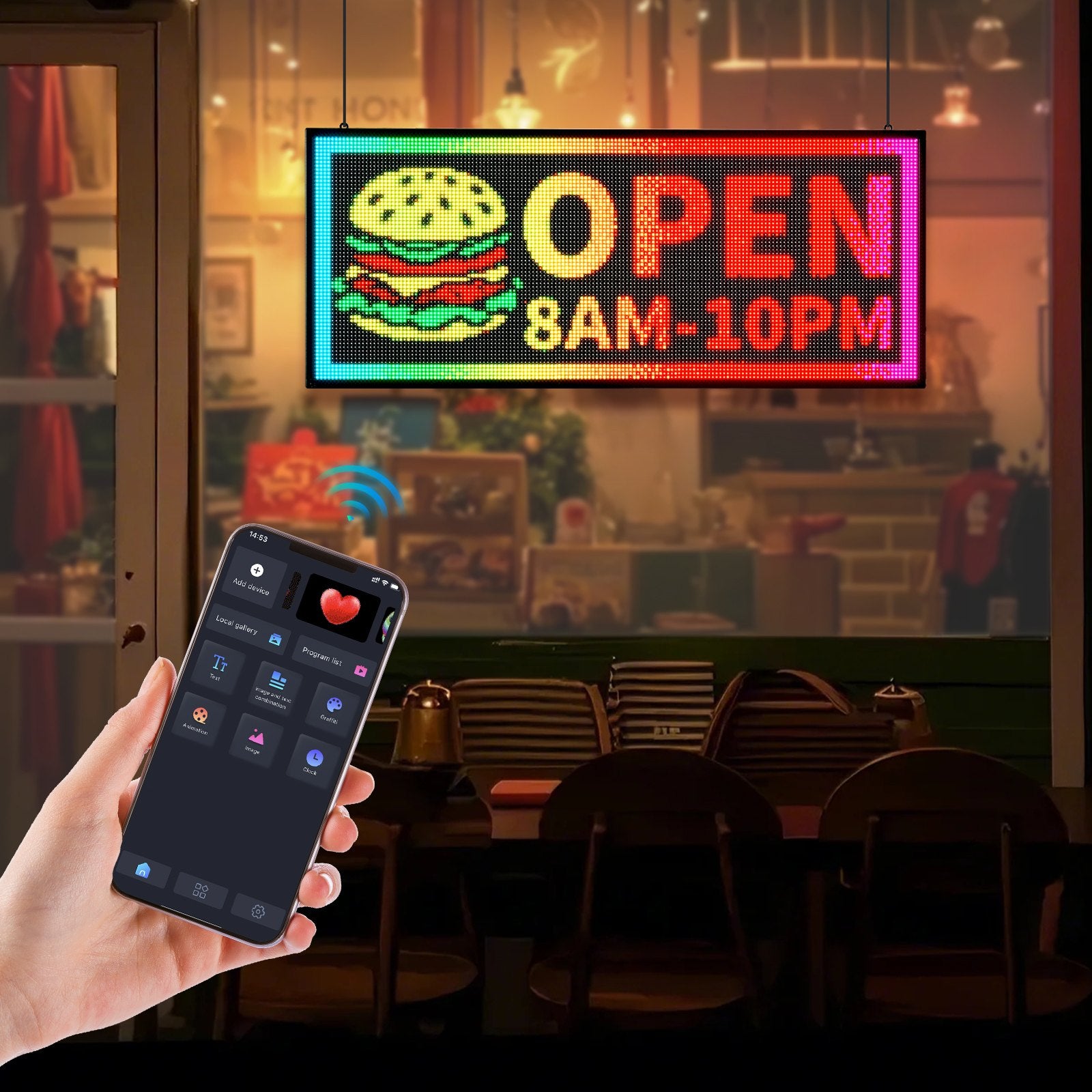 Customizable LED Display Board, 40x18 in, Flexible Scrolling Panel with Bluetooth App for Store Ads, DIY Text, GIFs, High Brightness Sign
