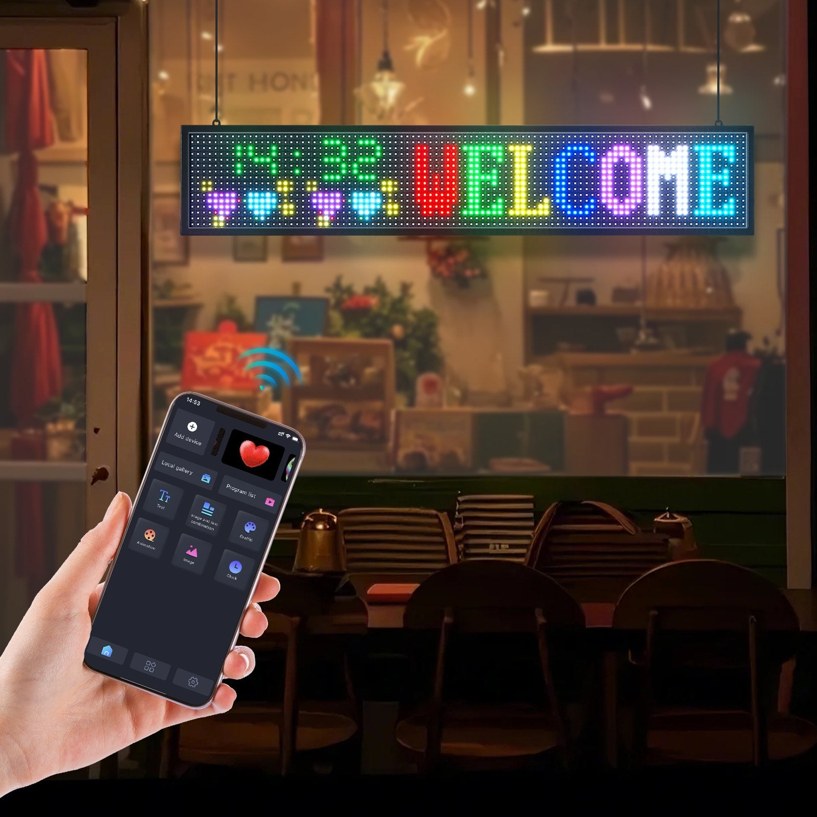 Customizable 40x8" LED Display Board - Full Color Scrolling Panel with Bluetooth App for Storefront Advertising, DIY Text & GIF Messaging