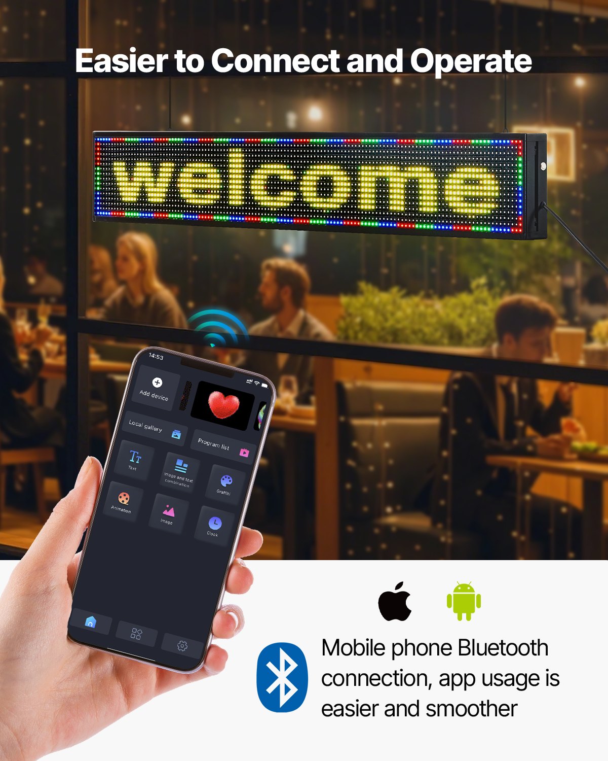 Flexible Programmable LED Display Sign, P10 Full Color Scrolling Panel for Custom Text and GIFs, Bluetooth-Controlled Advertising Board for Stores, 52x8 Inches