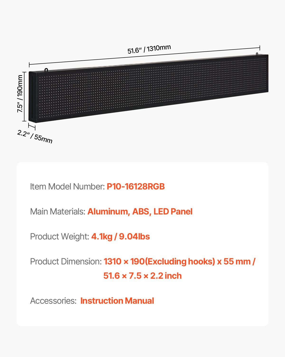 Flexible Programmable LED Display Sign, P10 Full Color Scrolling Panel for Custom Text and GIFs, Bluetooth-Controlled Advertising Board for Stores, 52x8 Inches