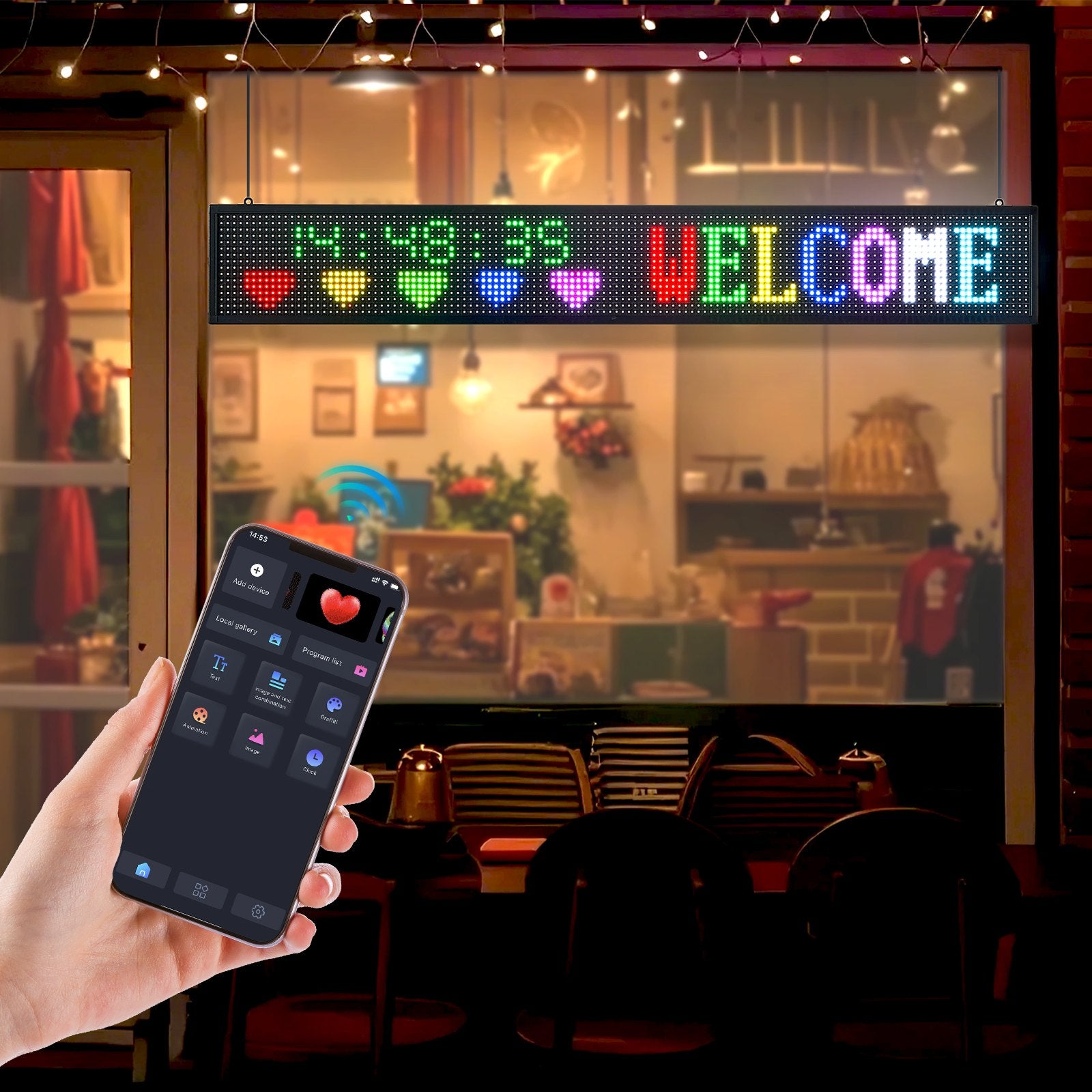 Flexible Programmable LED Display Sign, P10 Full Color Scrolling Panel for Custom Text and GIFs, Bluetooth-Controlled Advertising Board for Stores, 52x8 Inches