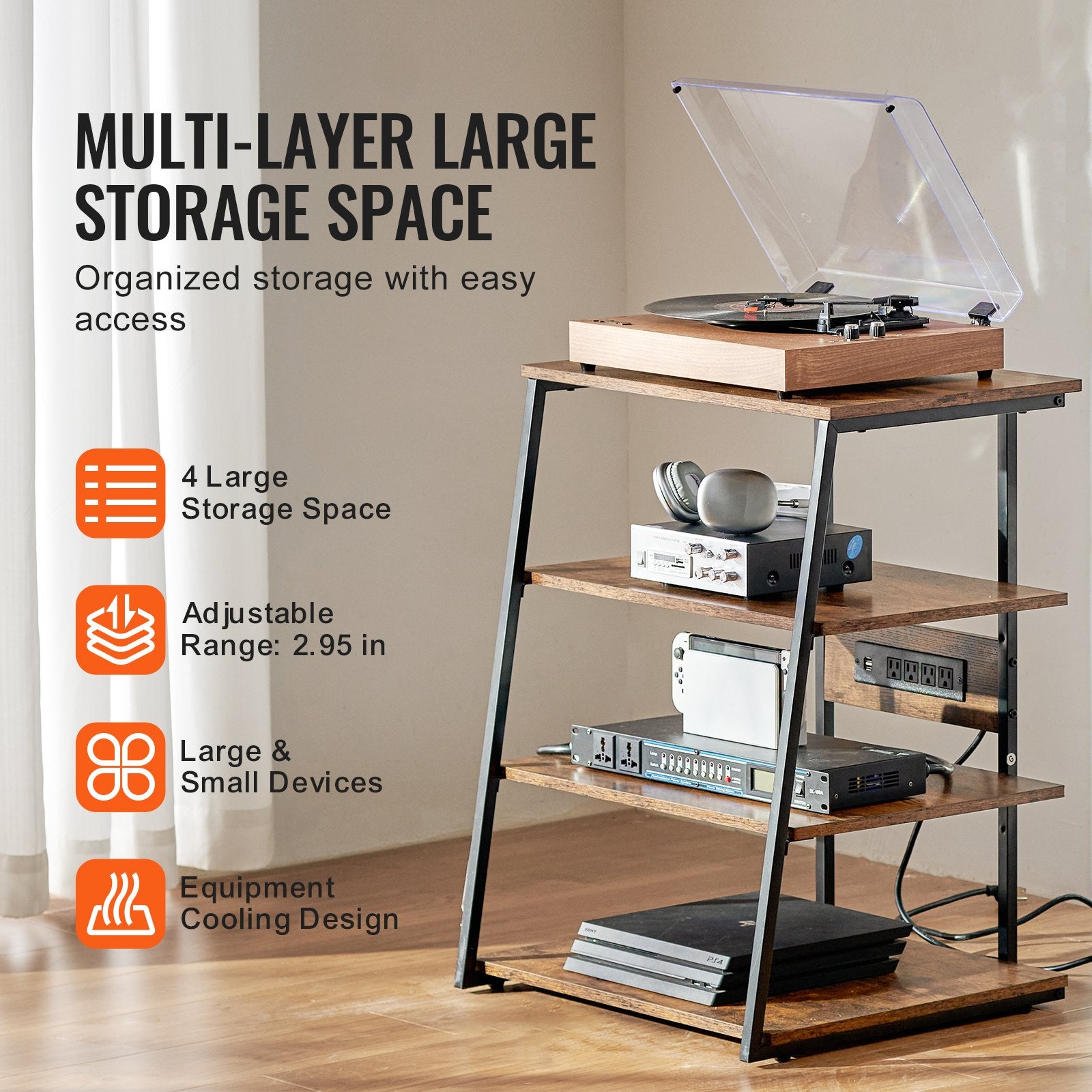4-Tier Corner TV Stand with LED Lights and Power Strips, Adjustable Shelves for DVDs, Consoles, Cable Boxes, Retro Brown Design