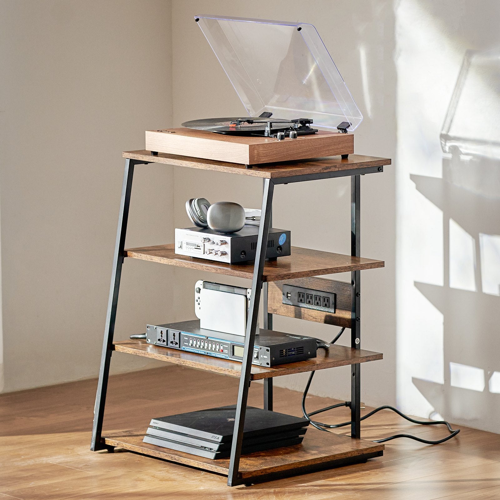 4-Tier Corner TV Stand with LED Lights and Power Strips, Adjustable Shelves for DVDs, Consoles, Cable Boxes, Retro Brown Design