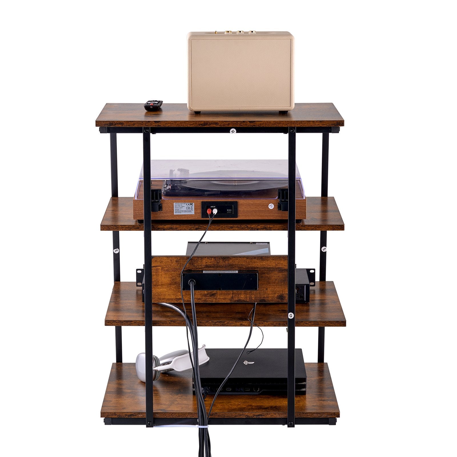 4-Tier Corner TV Stand with LED Lights and Power Strips, Adjustable Shelves for DVDs, Consoles, Cable Boxes, Retro Brown Design