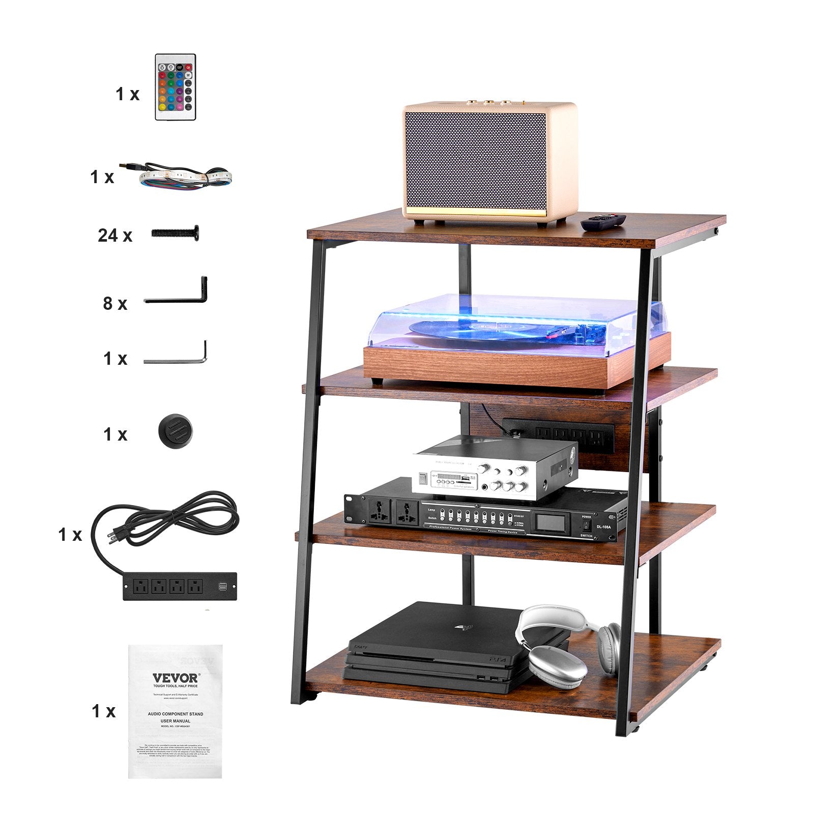 4-Tier Corner TV Stand with LED Lights and Power Strips, Adjustable Shelves for DVDs, Consoles, Cable Boxes, Retro Brown Design