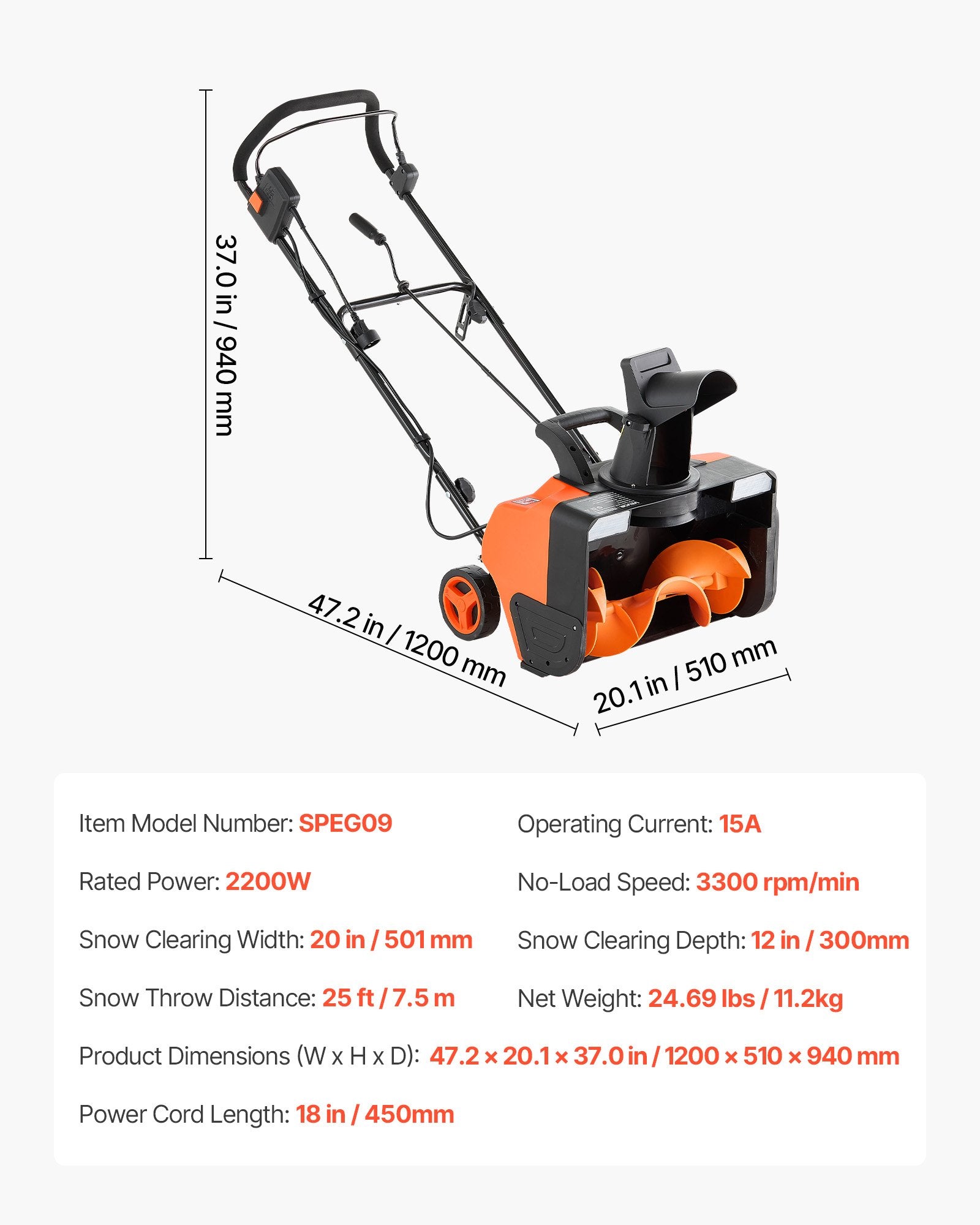 Efficient 20-Inch Electric Snow Blower with 15A Motor, Dual LED Lights, 180° Rotating Chute for Driveway and Sidewalk Snow Removal