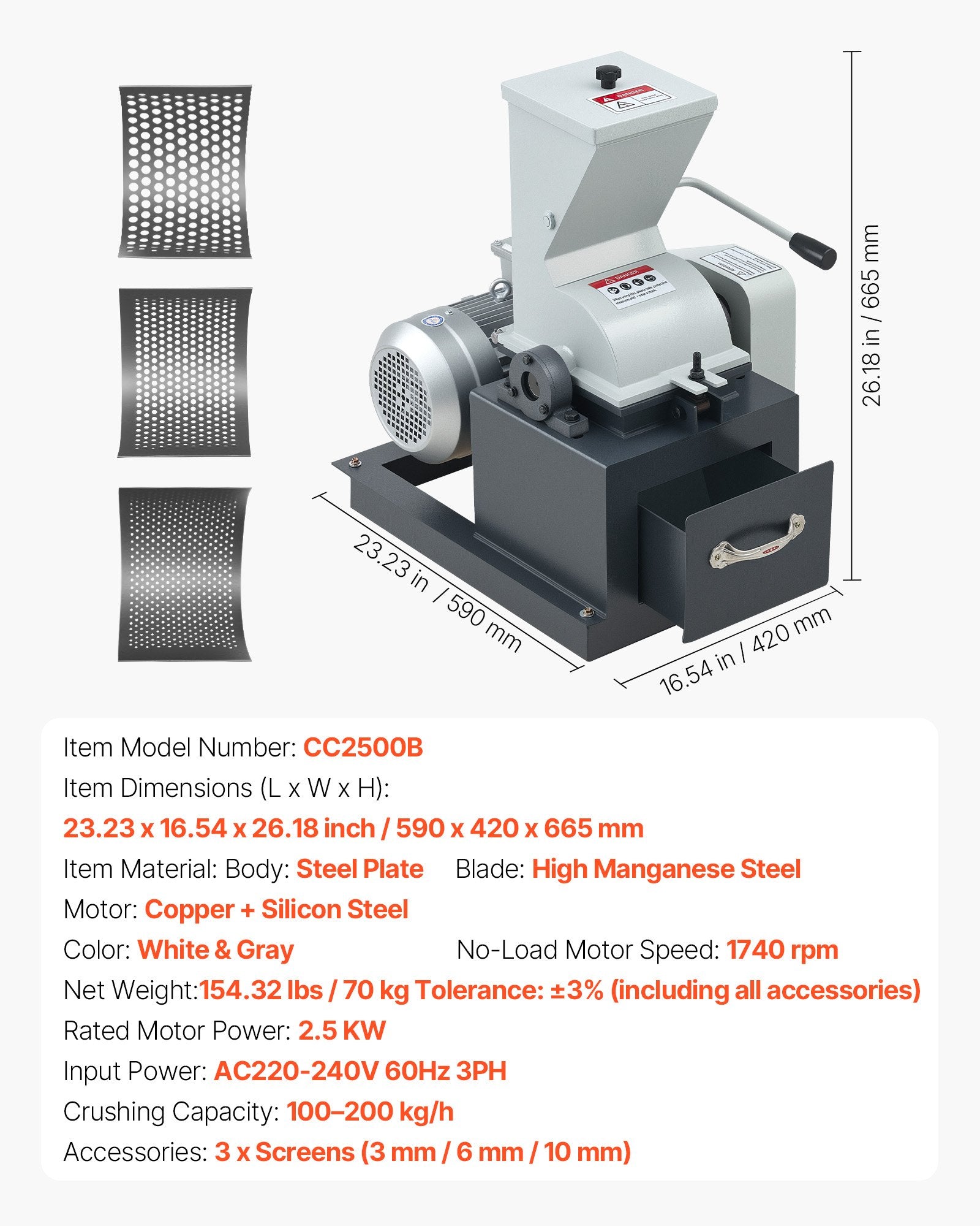 High-Efficiency 2.5KW 220V Hammer Crusher for Rock, Stone & Glass | Coal Crusher with 100-200 kg/h Capacity | Durable Steel Build & Multiple Sieve Screens