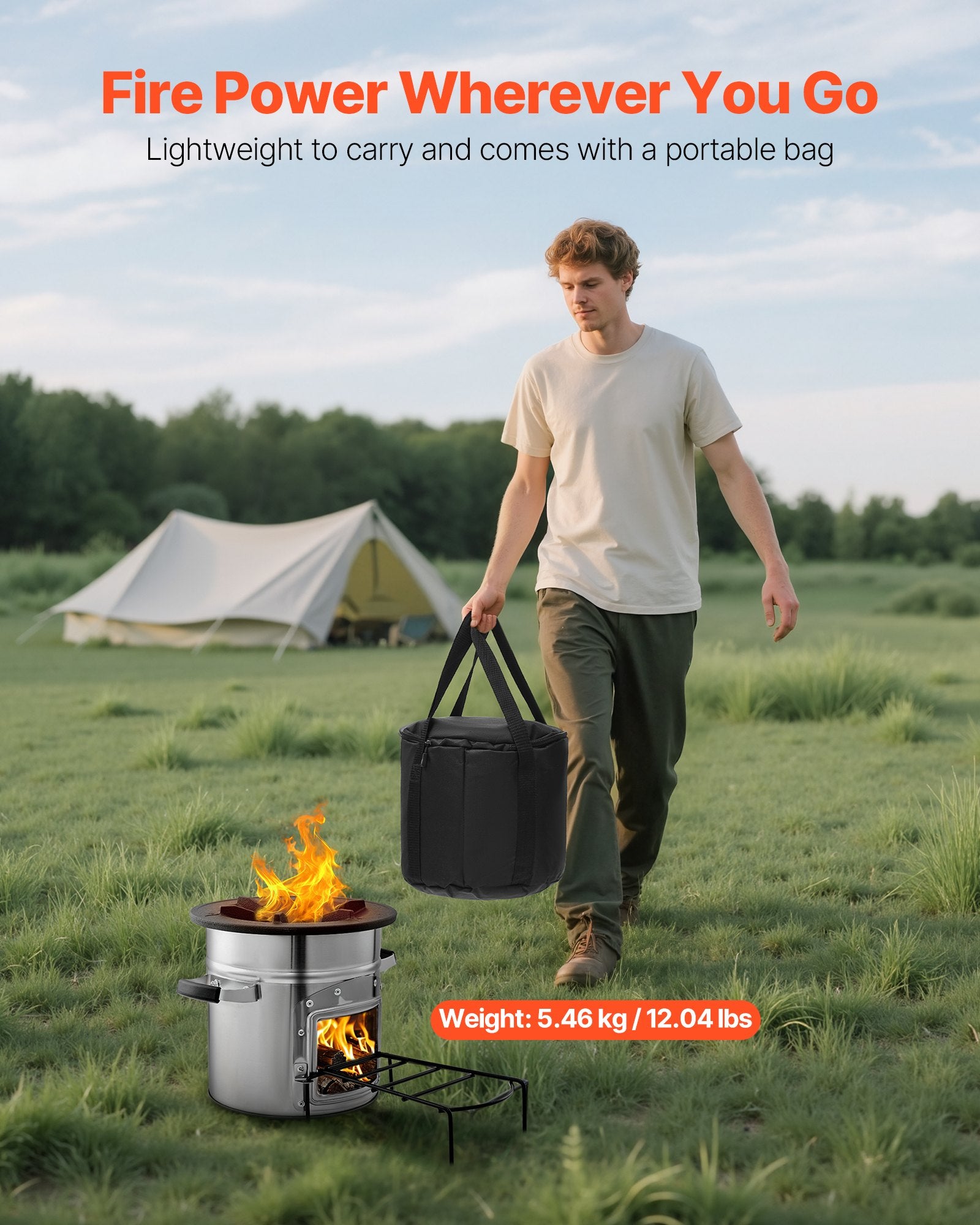 Portable Stainless Steel Rocket Stove for Camping - Wood Burning with Carry Bag, Perfect for Backpacking, Outdoor & Backyard Cooking with Twigs or Sticks