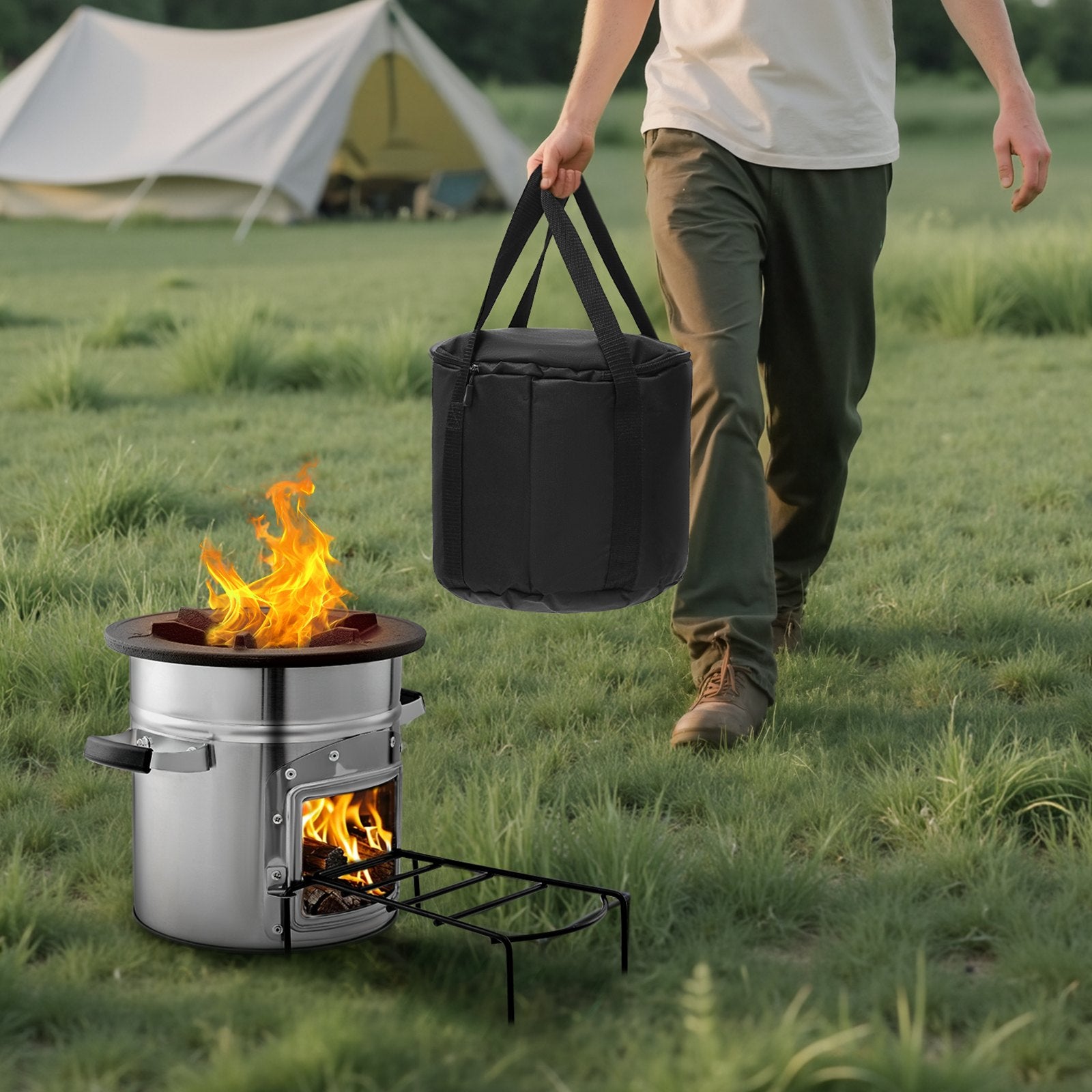 Portable Stainless Steel Rocket Stove for Camping - Wood Burning with Carry Bag, Perfect for Backpacking, Outdoor & Backyard Cooking with Twigs or Sticks