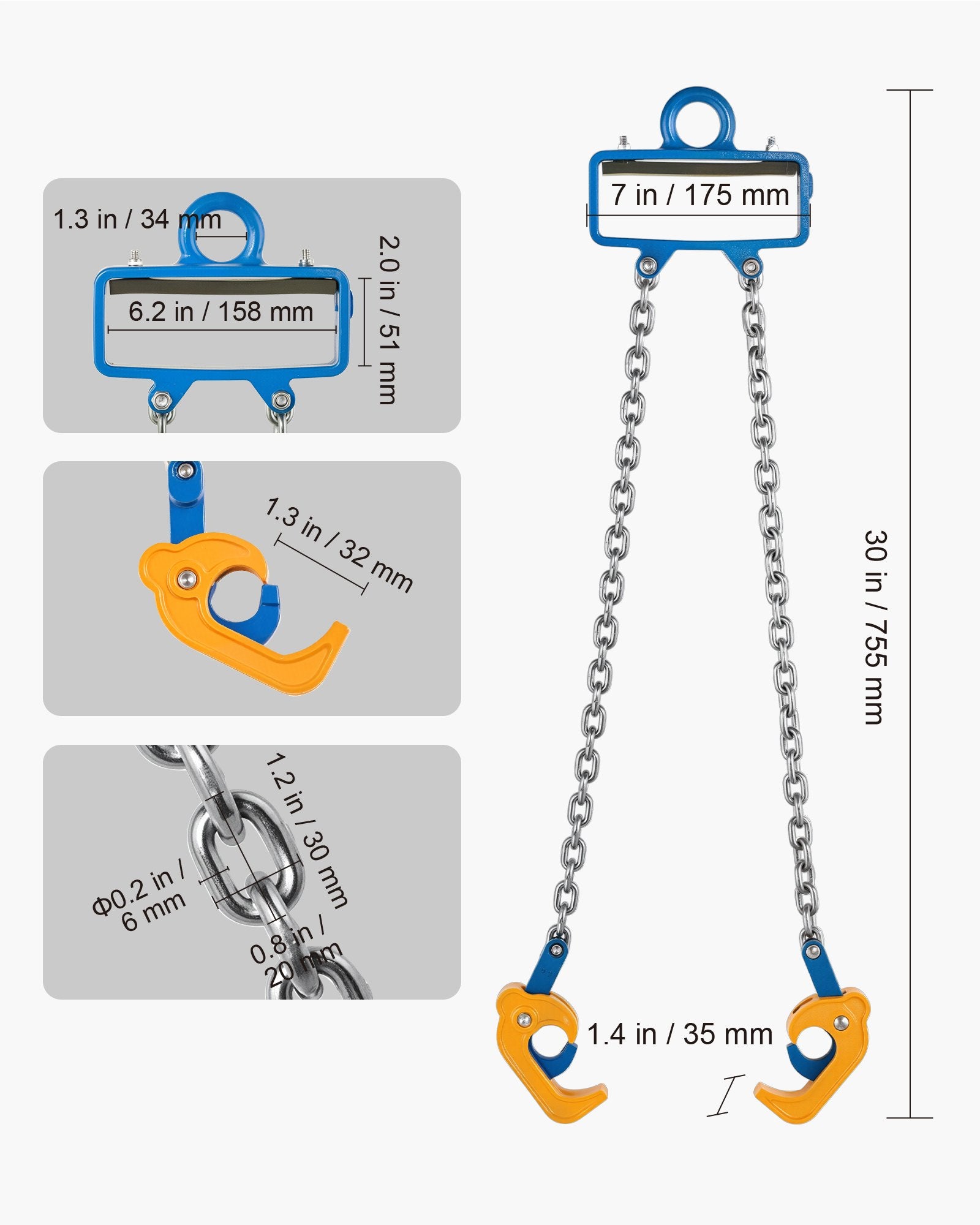 Heavy Duty G80 Drum Lifting Chain Sling with Security Hook for Cranes & Forklifts, 2200LBS Capacity, Carbon Steel for Plastic & Metal Drums Handling