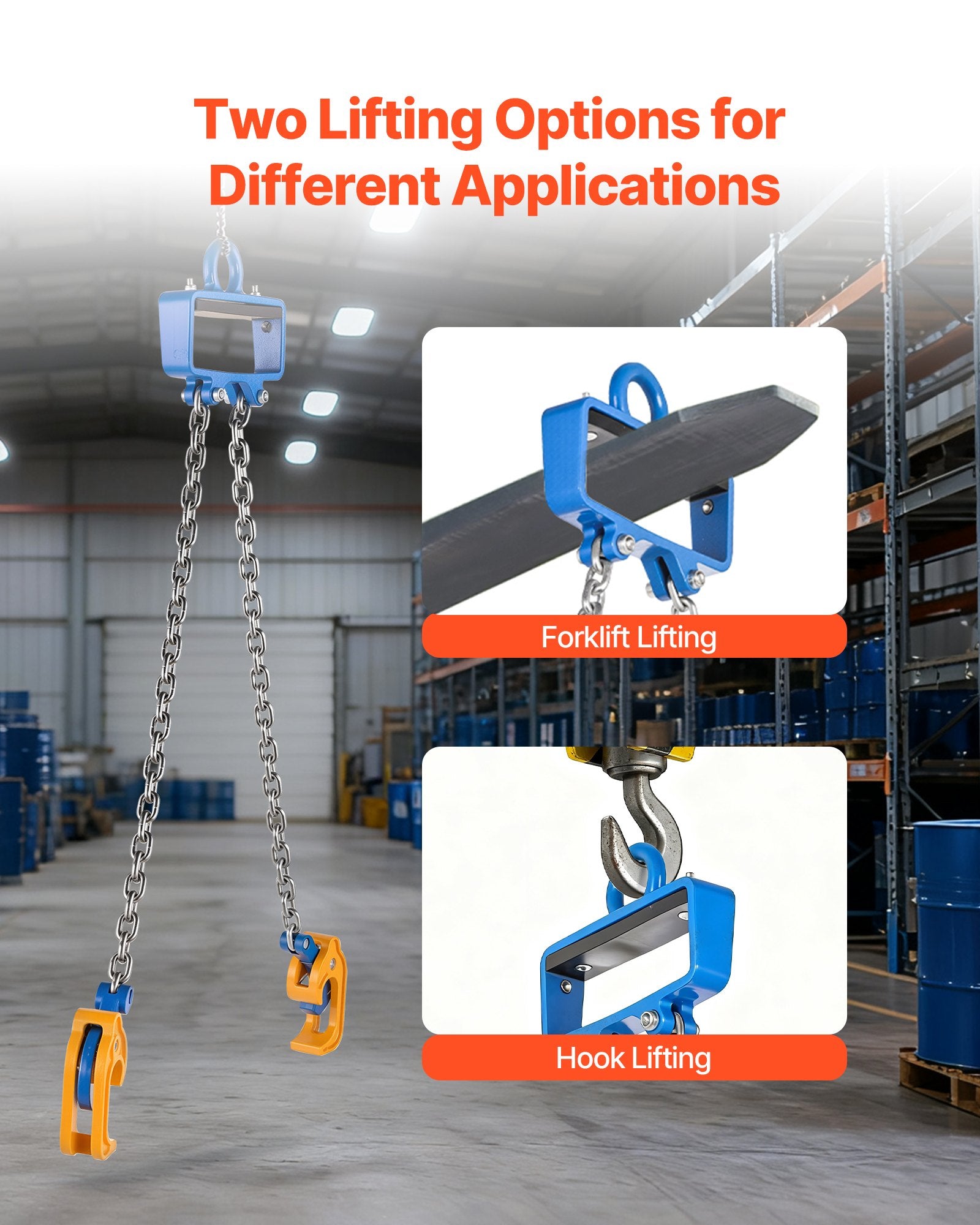 Heavy Duty G80 Drum Lifting Chain Sling with Security Hook for Cranes & Forklifts, 2200LBS Capacity, Carbon Steel for Plastic & Metal Drums Handling