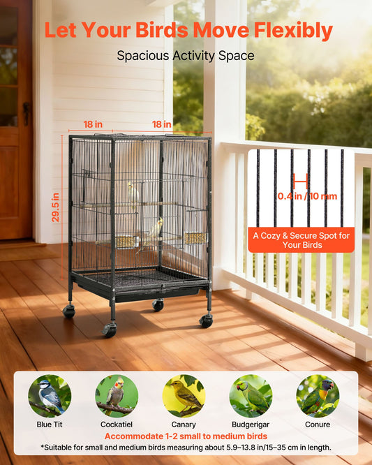 Spacious Wrought Iron Bird Flight Cage 18x18x30" with Perches, Slide-Out Tray, Casters for Parrot, Cockatiel, Canary, Budgerigar, Conure