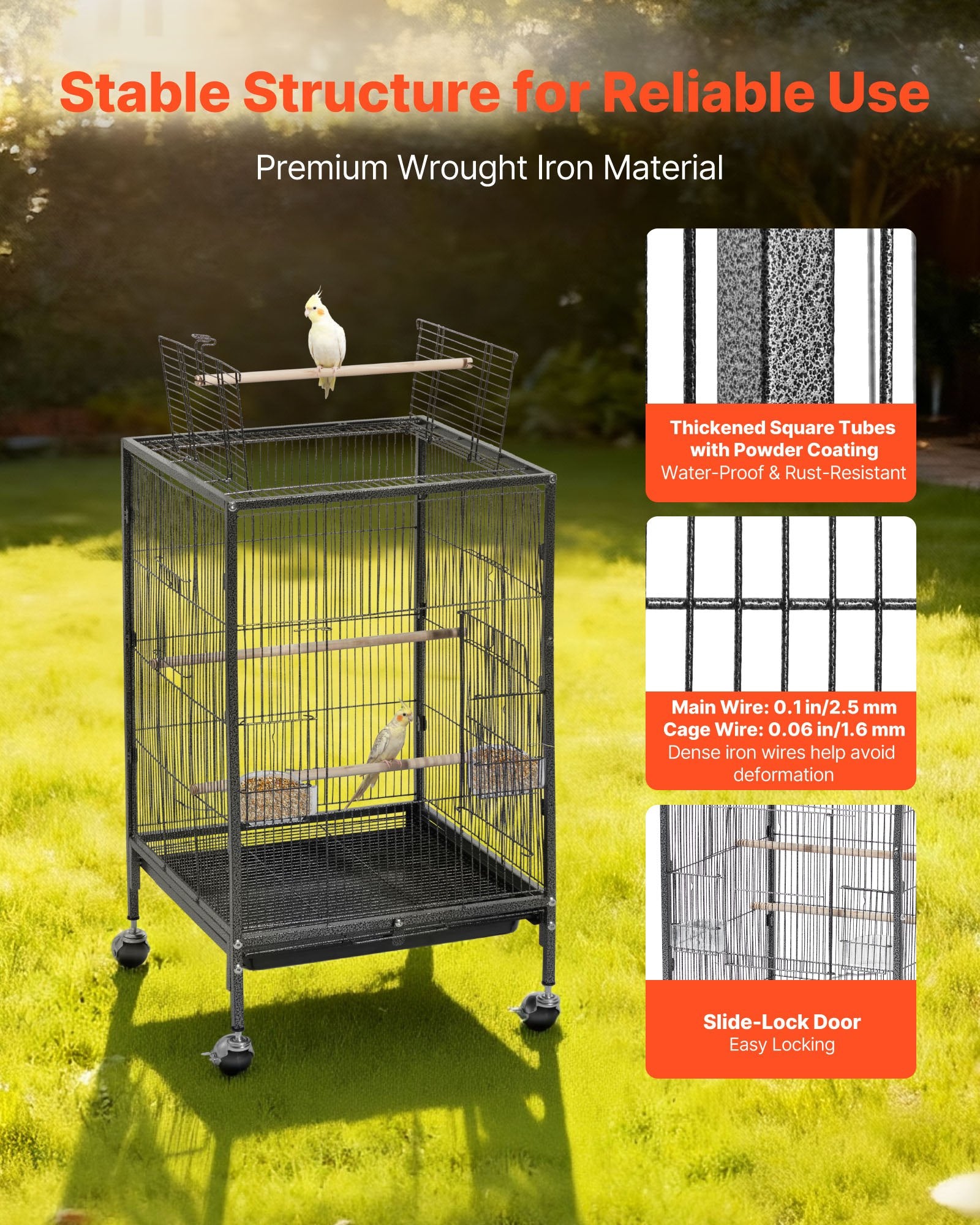 Spacious Wrought Iron Bird Flight Cage 18x18x30" with Perches, Slide-Out Tray, Casters for Parrot, Cockatiel, Canary, Budgerigar, Conure