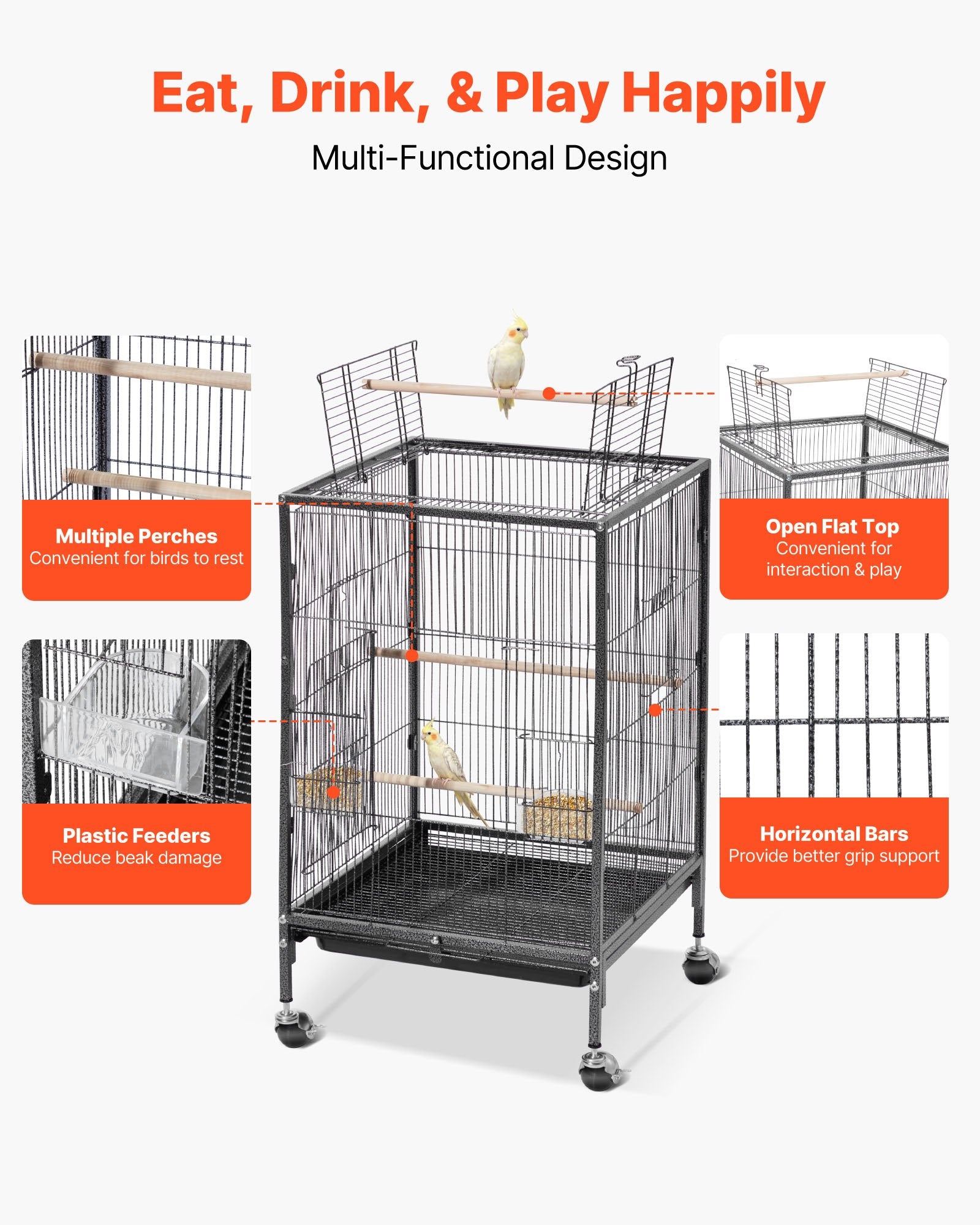 Spacious Wrought Iron Bird Flight Cage 18x18x30" with Perches, Slide-Out Tray, Casters for Parrot, Cockatiel, Canary, Budgerigar, Conure