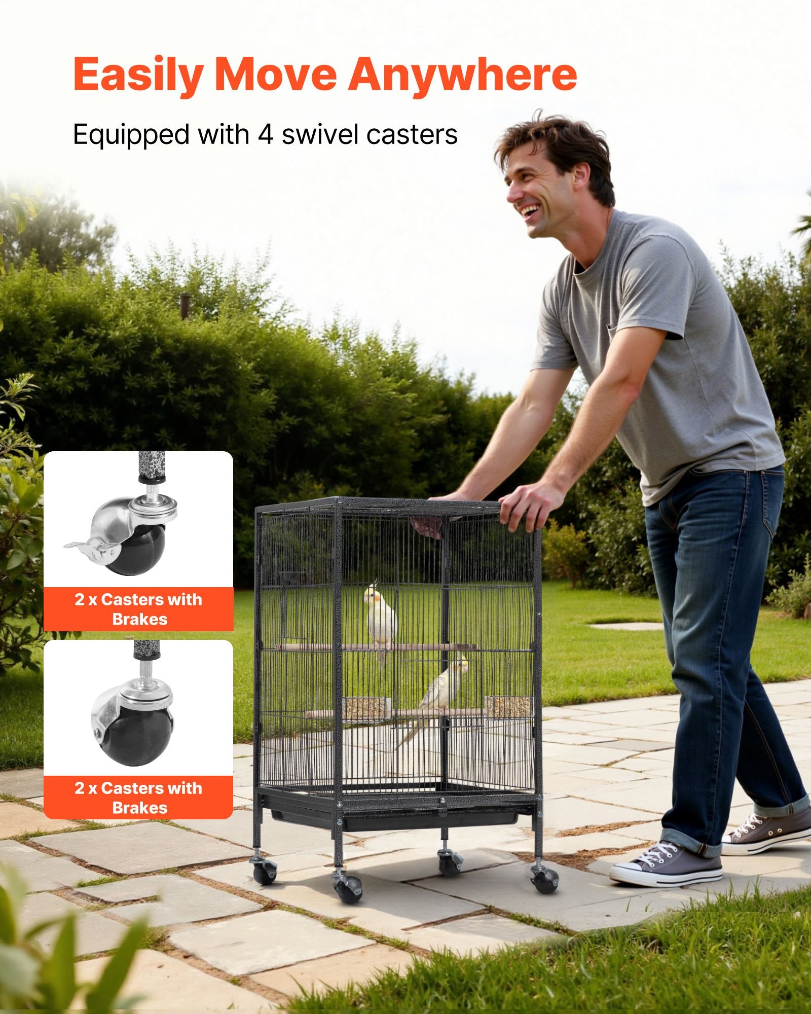 Spacious Wrought Iron Bird Flight Cage 18x18x30" with Perches, Slide-Out Tray, Casters for Parrot, Cockatiel, Canary, Budgerigar, Conure
