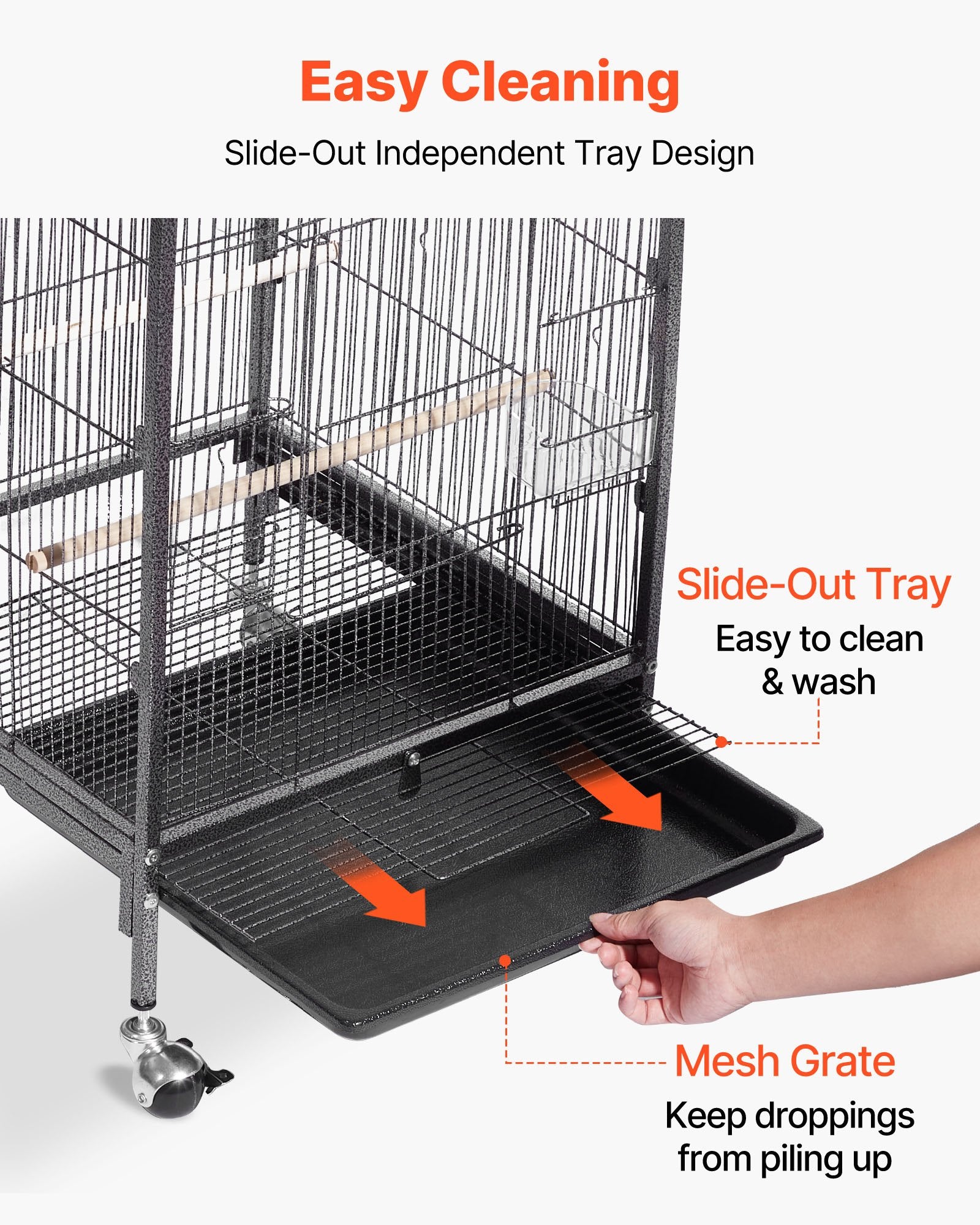 Spacious Wrought Iron Bird Flight Cage 18x18x30" with Perches, Slide-Out Tray, Casters for Parrot, Cockatiel, Canary, Budgerigar, Conure