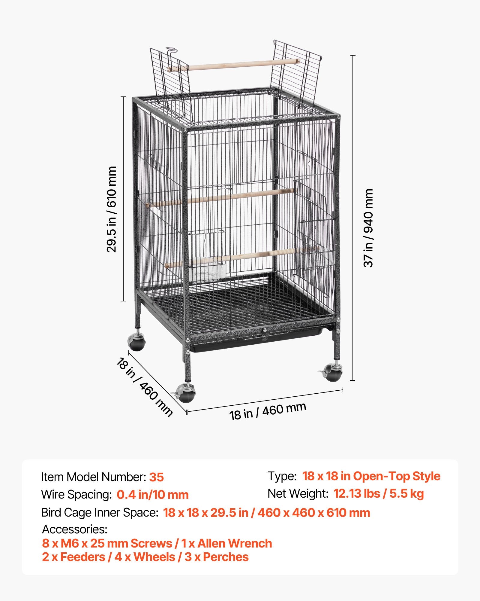 Spacious Wrought Iron Bird Flight Cage 18x18x30" with Perches, Slide-Out Tray, Casters for Parrot, Cockatiel, Canary, Budgerigar, Conure