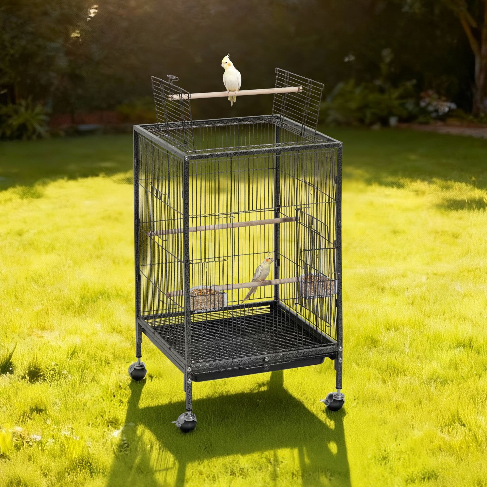 Spacious Wrought Iron Bird Flight Cage 18x18x30" with Perches, Slide-Out Tray, Casters for Parrot, Cockatiel, Canary, Budgerigar, Conure