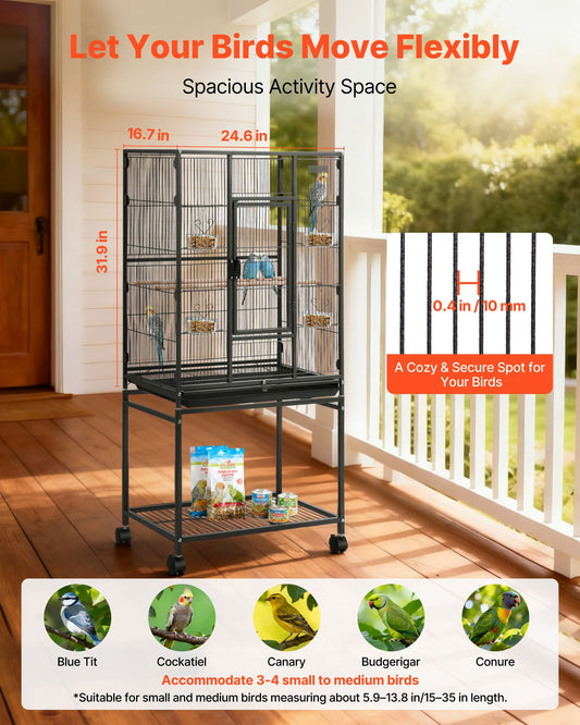 Spacious Wrought Iron Bird Cage with Perches, Slide-Out Tray, and Feeders for Parrot, Cockatiel, Canary, and More, 24.6x16.7x53.9 Inch