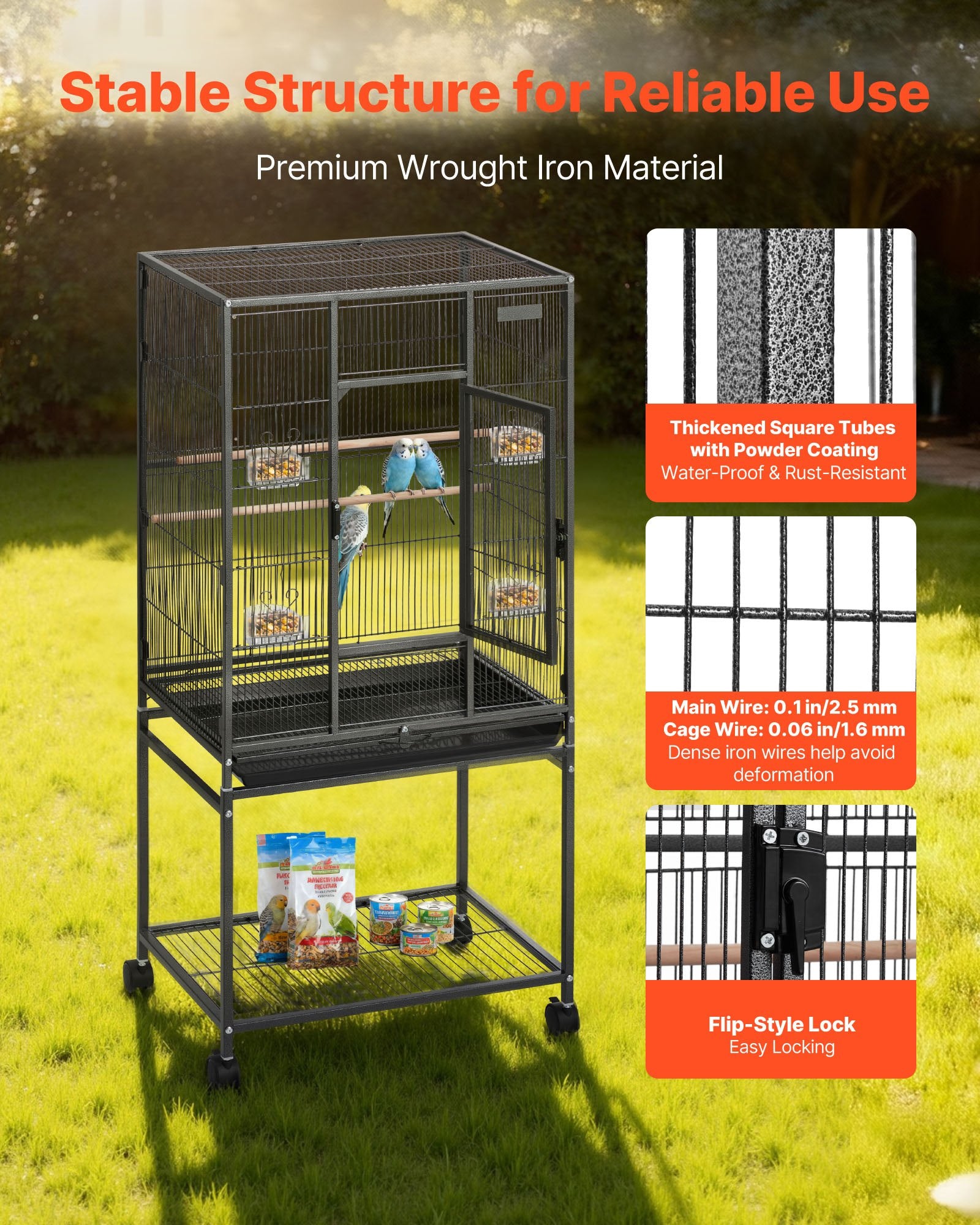Spacious Wrought Iron Bird Cage with Perches, Slide-Out Tray, and Feeders for Parrot, Cockatiel, Canary, and More, 24.6x16.7x53.9 Inch