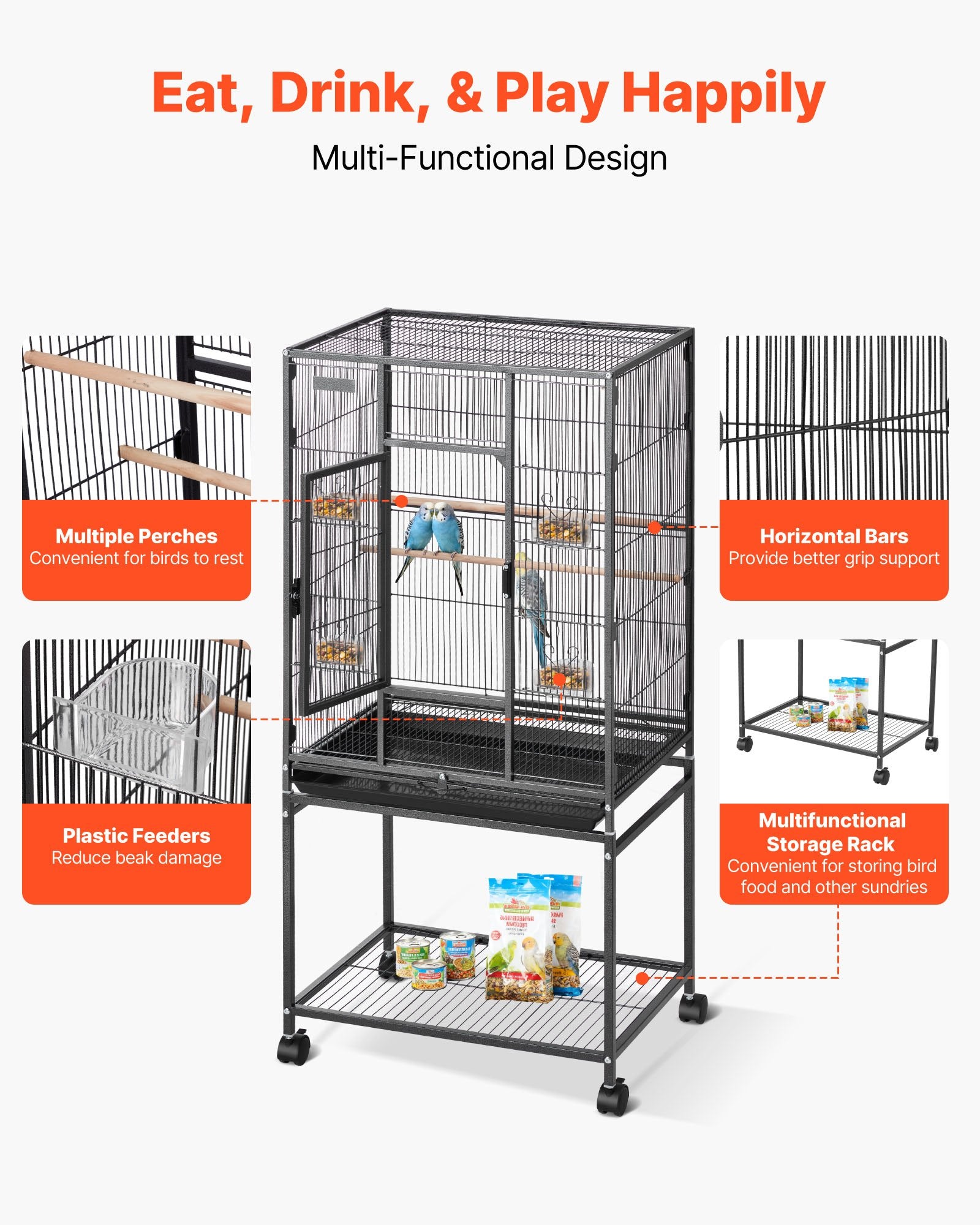 Spacious Wrought Iron Bird Cage with Perches, Slide-Out Tray, and Feeders for Parrot, Cockatiel, Canary, and More, 24.6x16.7x53.9 Inch