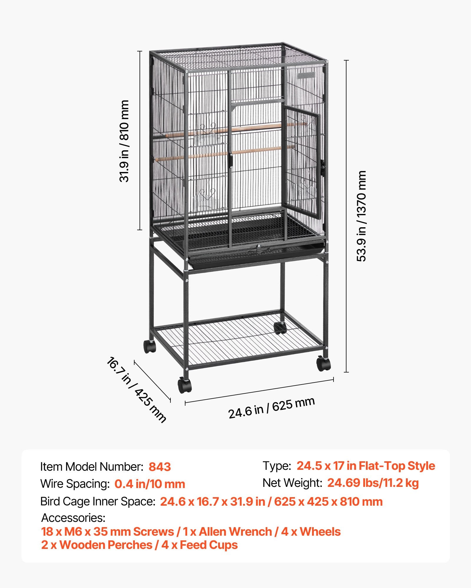 Spacious Wrought Iron Bird Cage with Perches, Slide-Out Tray, and Feeders for Parrot, Cockatiel, Canary, and More, 24.6x16.7x53.9 Inch