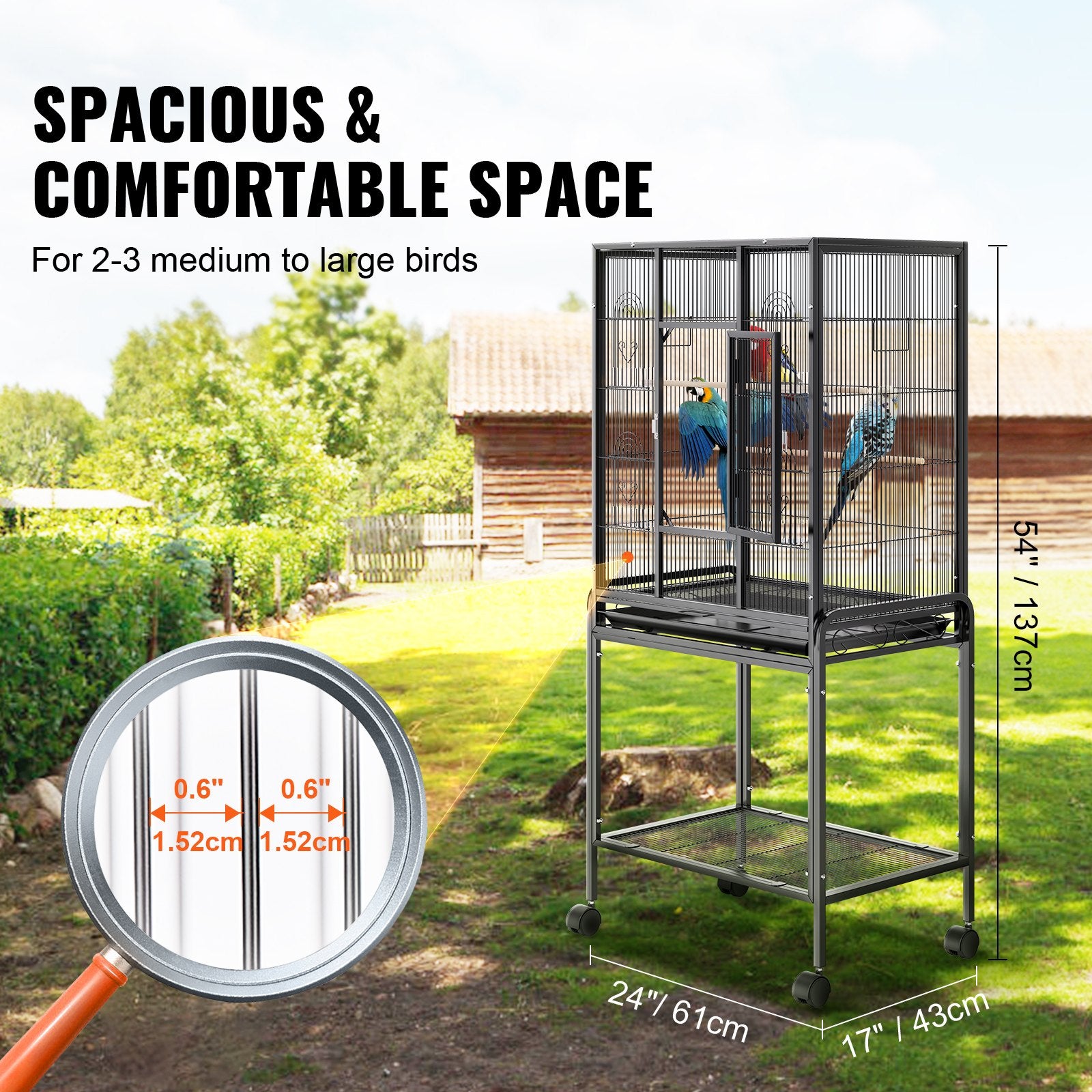 54" Large Bird Cage with Rolling Stand for Parakeets, Cockatiels, Parrots, Macaws - Durable Carbon Steel, Easy to Clean & Move, Spacious Flight Space