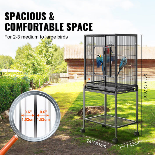 54" Large Bird Cage with Rolling Stand for Parakeets, Cockatiels, Parrots, Macaws - Durable Carbon Steel, Easy to Clean & Move, Spacious Flight Space