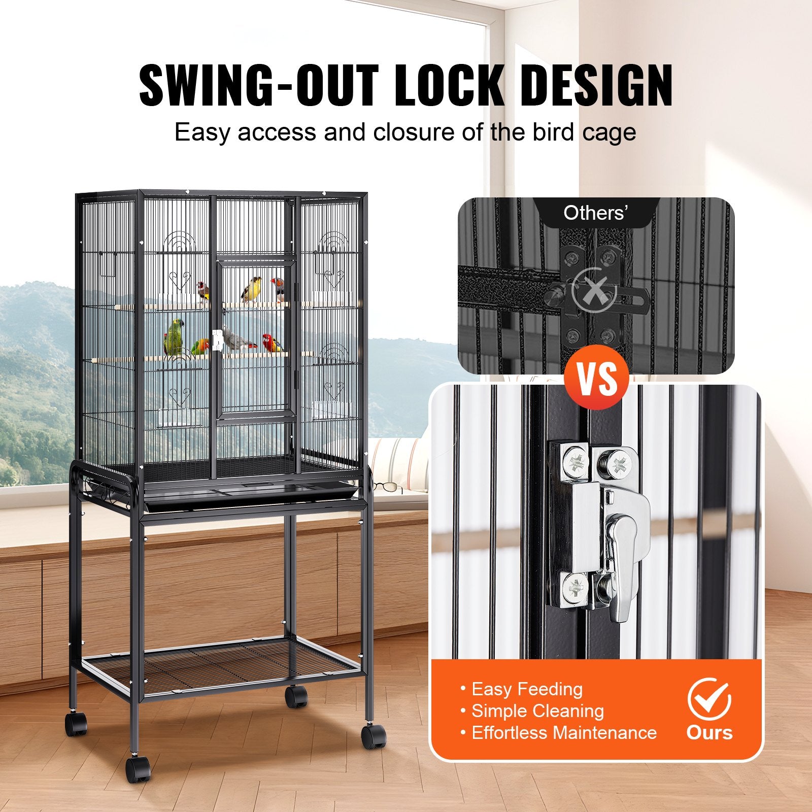 54" Large Bird Cage with Rolling Stand for Parakeets, Cockatiels, Parrots, Macaws - Durable Carbon Steel, Easy to Clean & Move, Spacious Flight Space