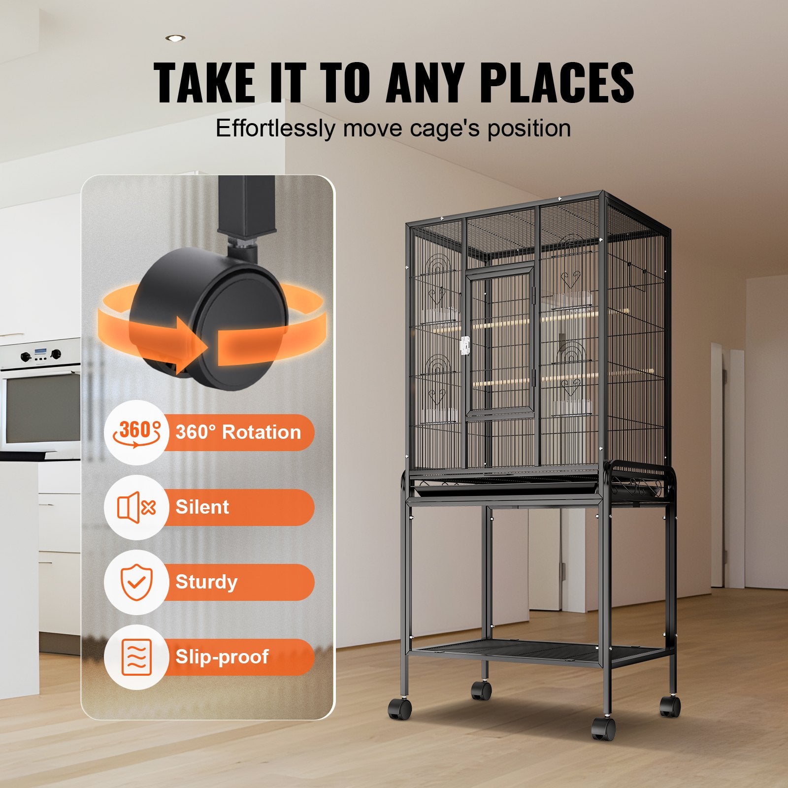 54" Large Bird Cage with Rolling Stand for Parakeets, Cockatiels, Parrots, Macaws - Durable Carbon Steel, Easy to Clean & Move, Spacious Flight Space