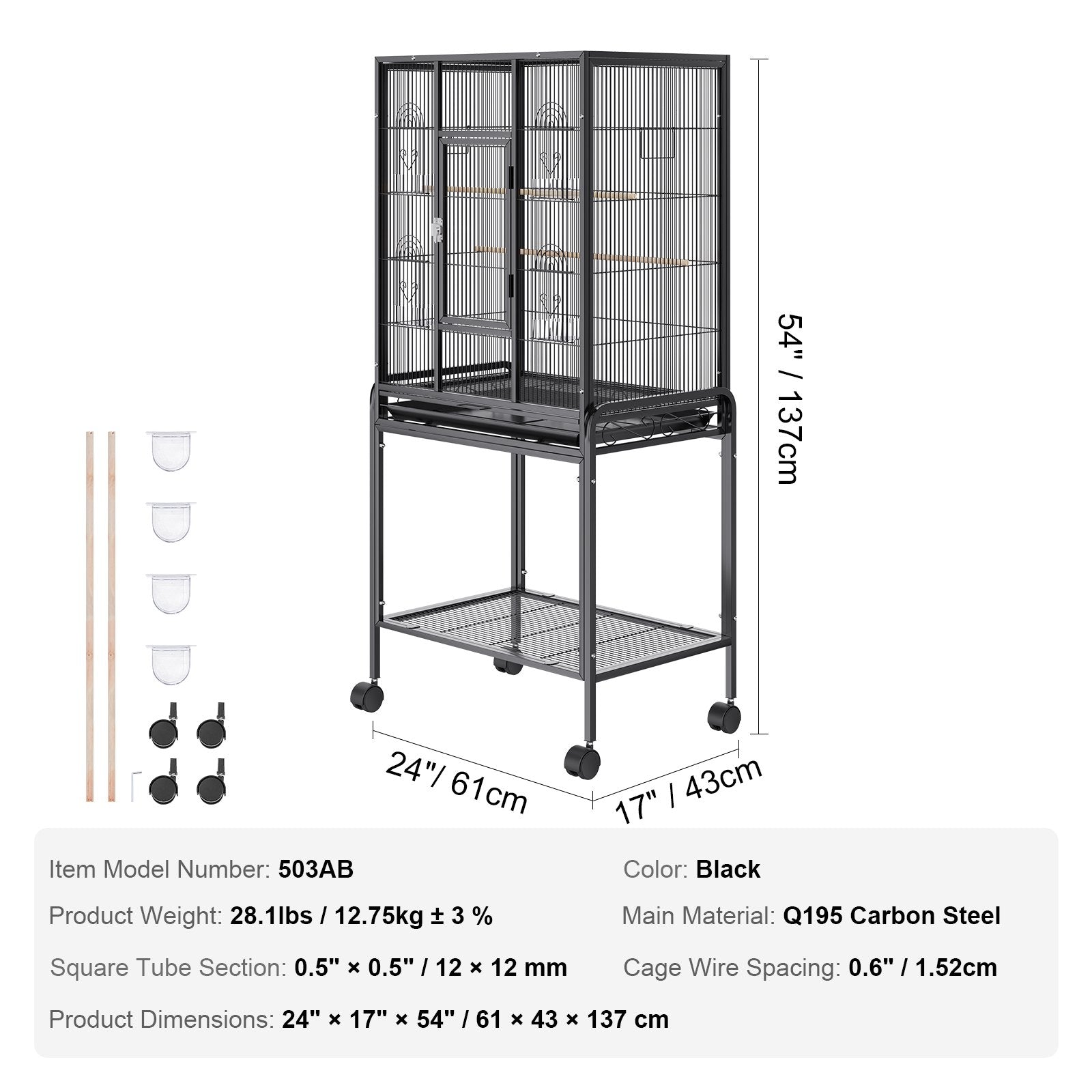 54" Large Bird Cage with Rolling Stand for Parakeets, Cockatiels, Parrots, Macaws - Durable Carbon Steel, Easy to Clean & Move, Spacious Flight Space