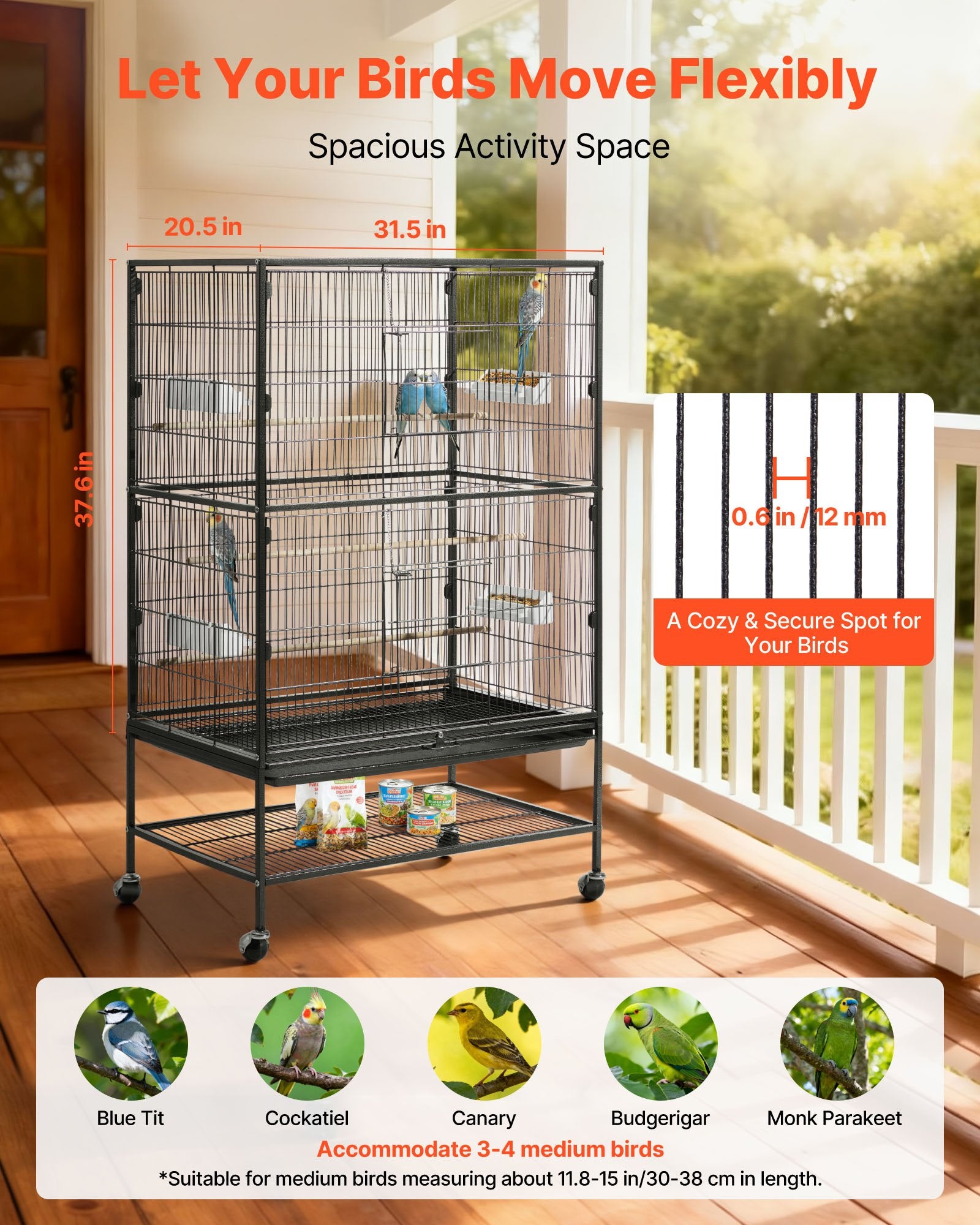 Spacious Wrought Iron Bird Cage with Perches & Slide-Out Tray for Parrot, Cockatiel, Canary, and More - 31.5"x20.5"x52" Easy Assembly
