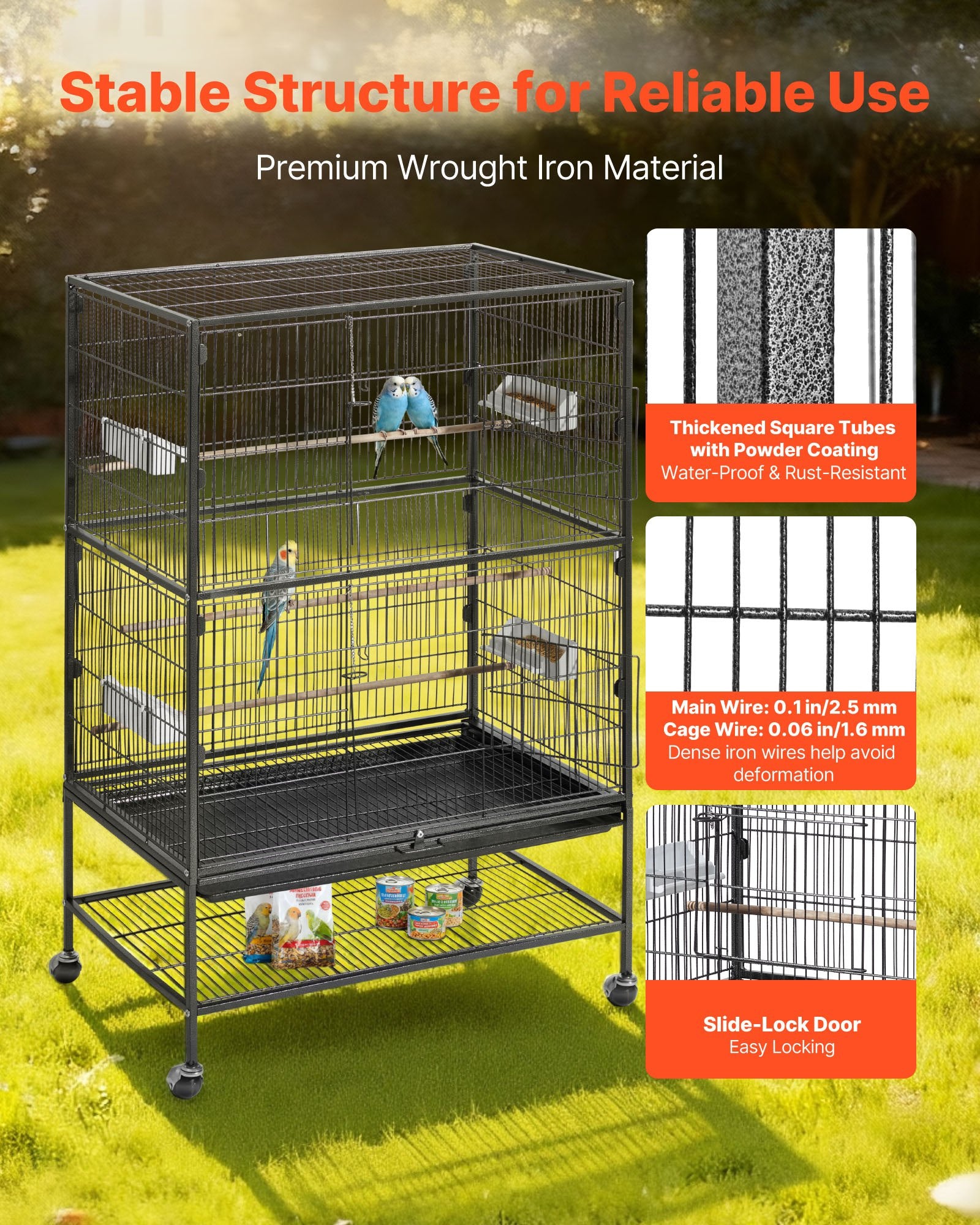 Spacious Wrought Iron Bird Cage with Perches & Slide-Out Tray for Parrot, Cockatiel, Canary, and More - 31.5"x20.5"x52" Easy Assembly