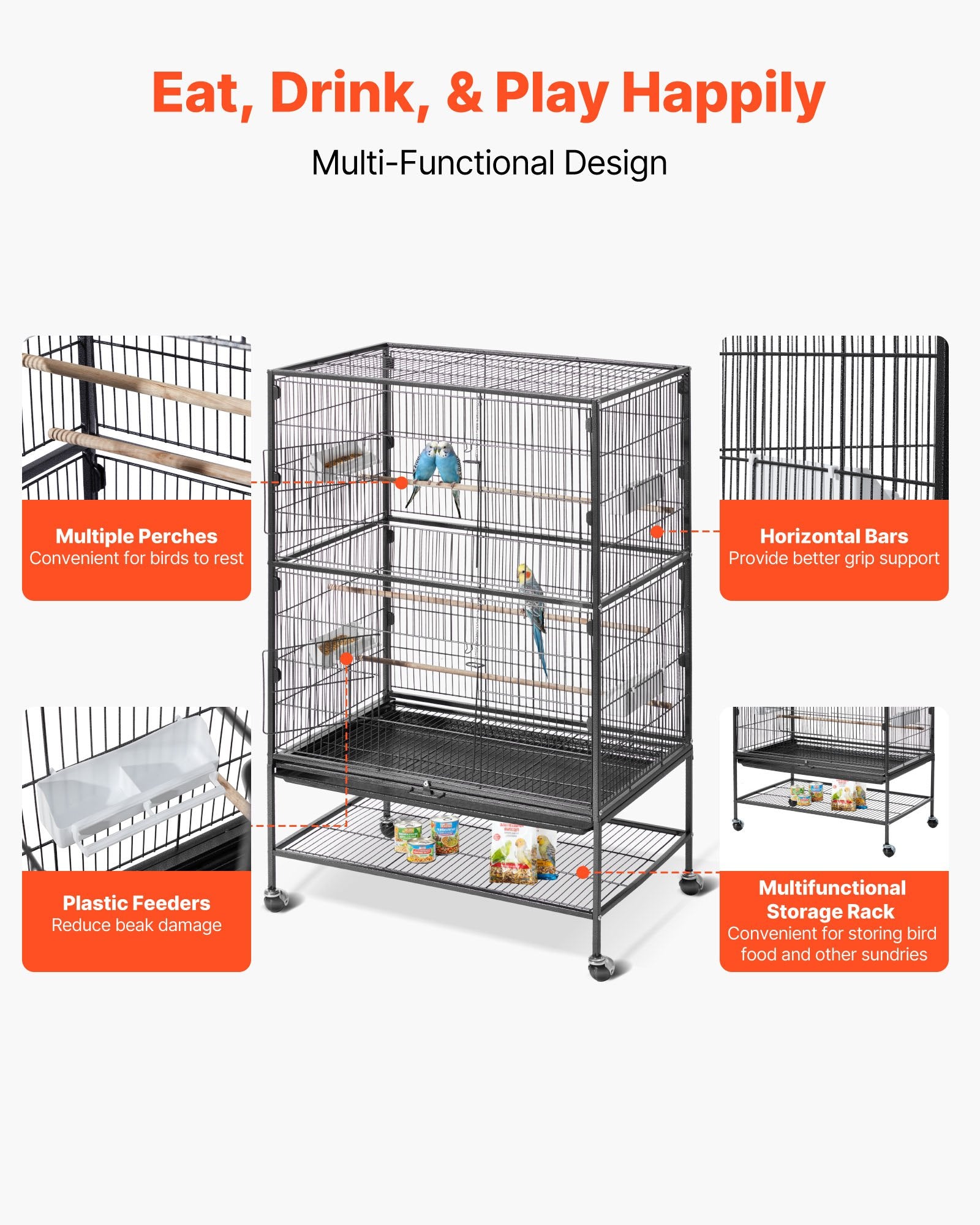 Spacious Wrought Iron Bird Cage with Perches & Slide-Out Tray for Parrot, Cockatiel, Canary, and More - 31.5"x20.5"x52" Easy Assembly