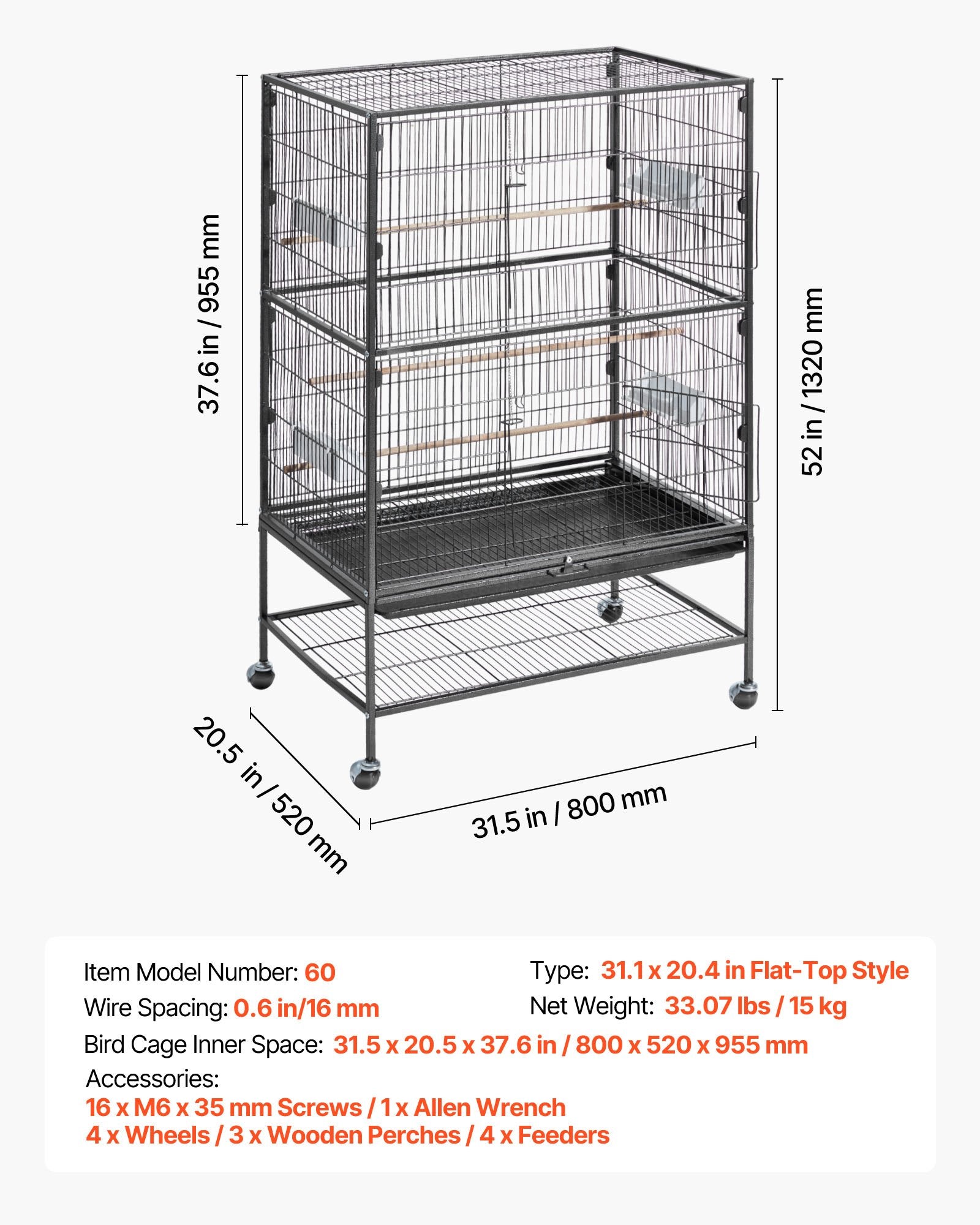 Spacious Wrought Iron Bird Cage with Perches & Slide-Out Tray for Parrot, Cockatiel, Canary, and More - 31.5"x20.5"x52" Easy Assembly