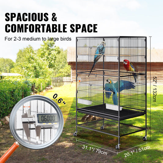 Spacious 52" Carbon Steel Bird Cage for Parakeets, Cockatiels, Parrots, Macaw - Rolling Stand, Easy Clean, Secure Wheels, Expansive Space