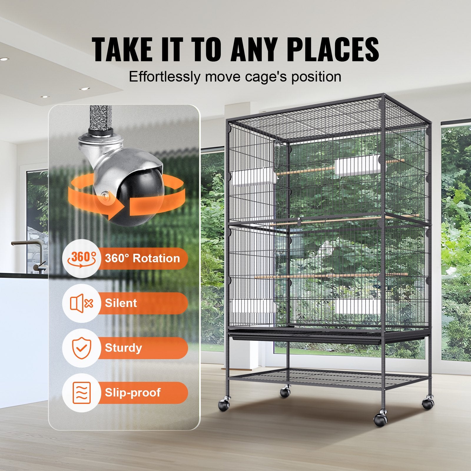 Spacious 52" Carbon Steel Bird Cage for Parakeets, Cockatiels, Parrots, Macaw - Rolling Stand, Easy Clean, Secure Wheels, Expansive Space